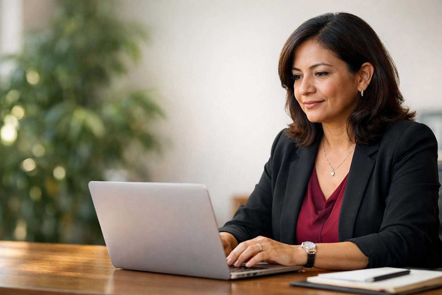 Professional nonprofit leader reviewing worker classification compliance on a laptop in a sunlit modern office.