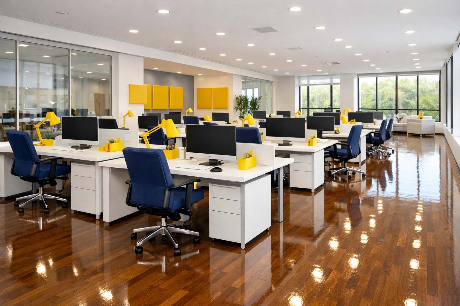 A clean and organized modern office space in North Andover, MA following professional floor and surface care.