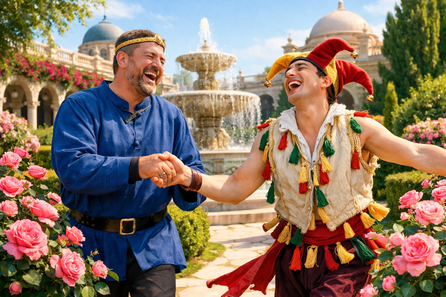 A king and jester holding hands and laughing in a palace garden, the perfect happy ending for a gay romance.
