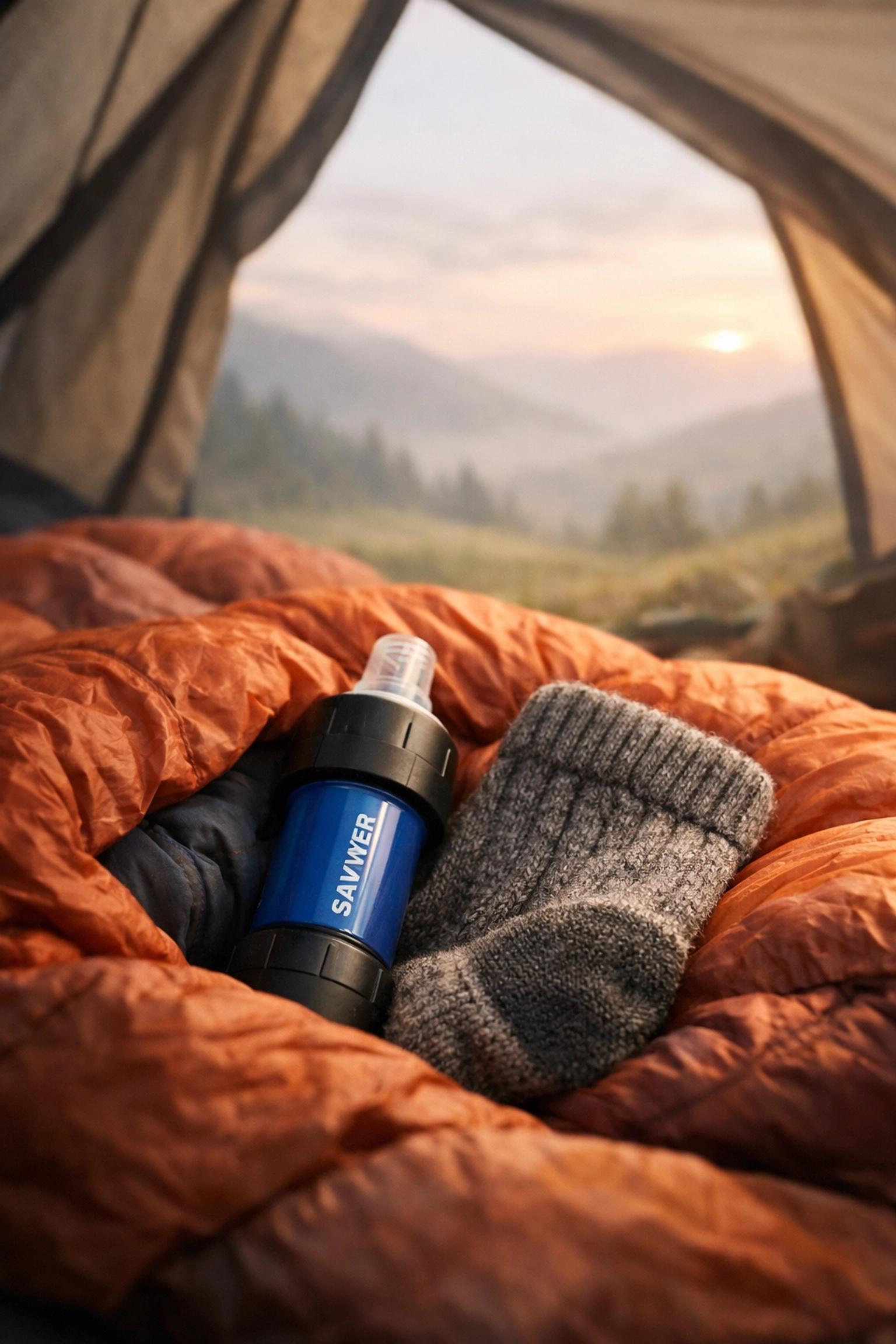 A water filter kept inside a sleeping bag to protect gear during a cold camping adventure UK.