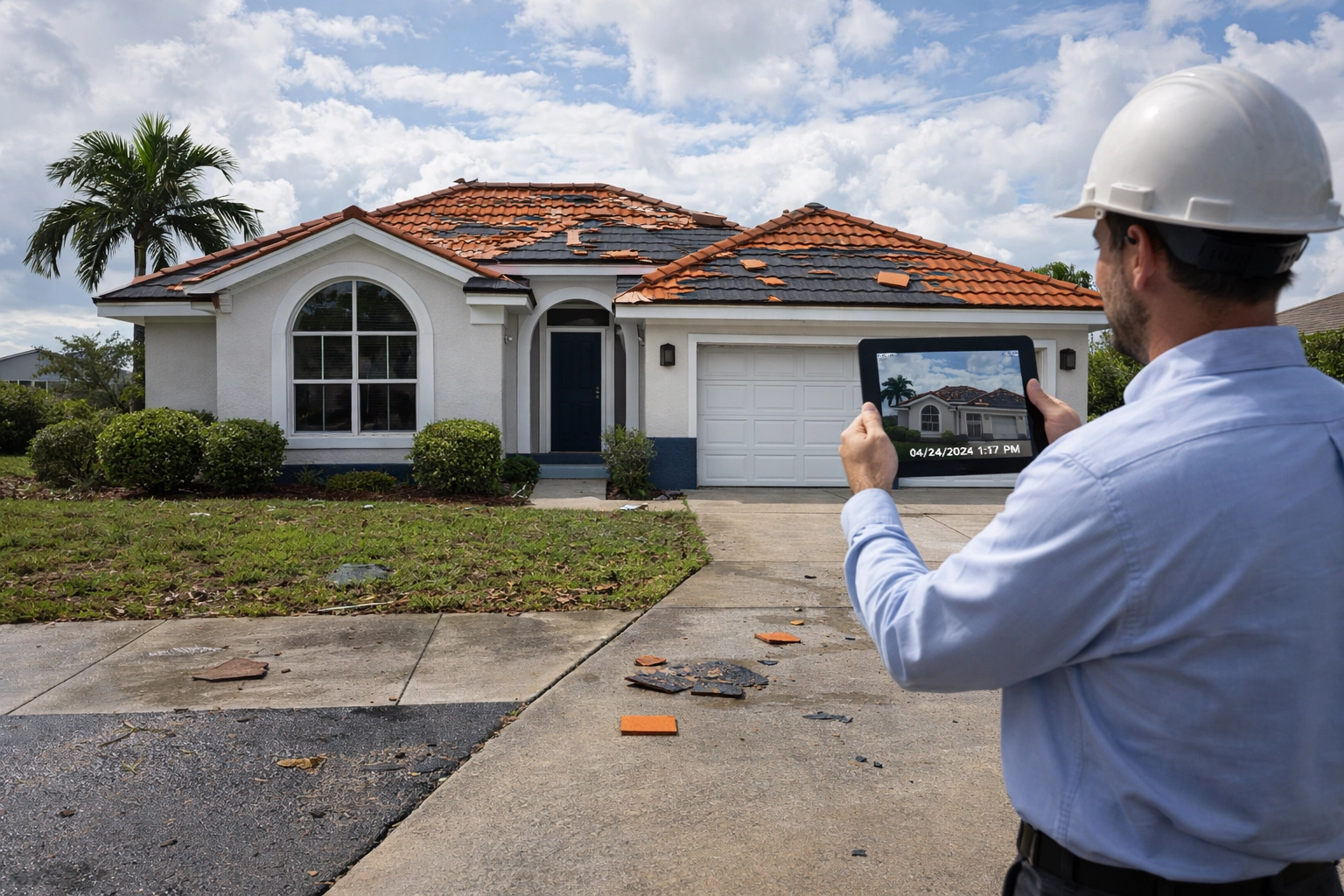 Florida home after a storm with a professional inspector documenting moderate roof damage using a tablet