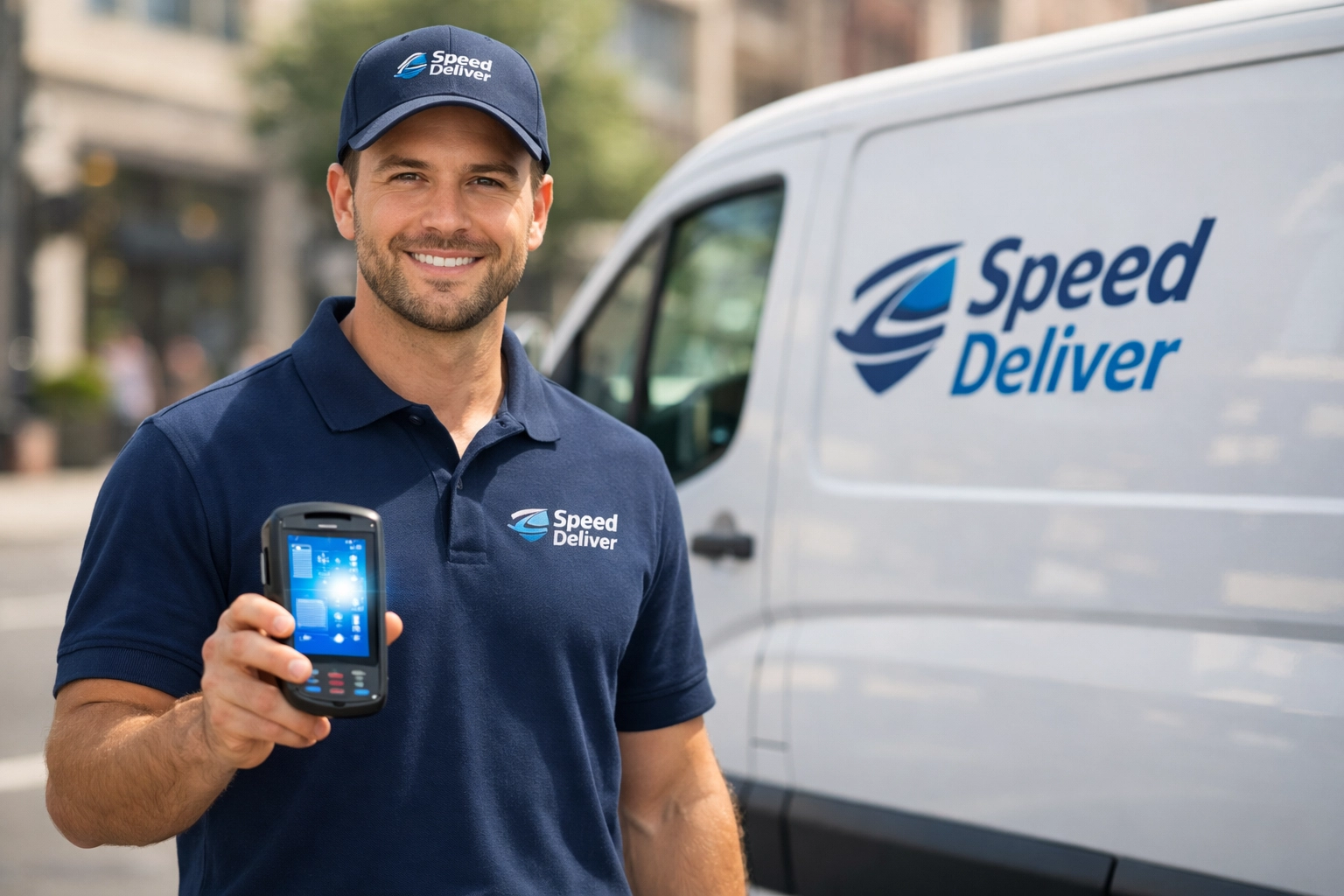 Professional courier using secure tracking technology for reliable same day delivery service.