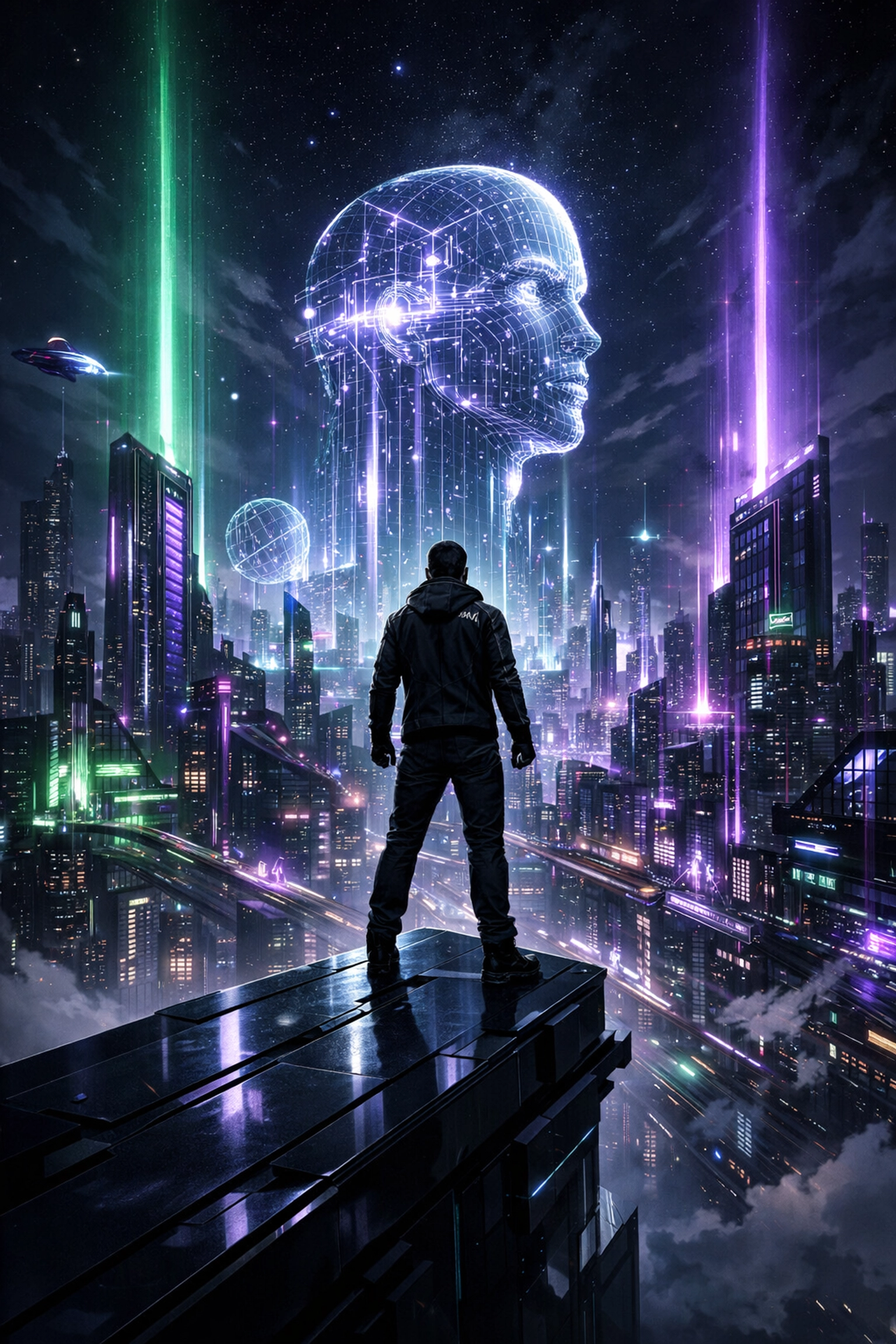 Leader overlooking a futuristic neon city symbolizing a successful AI journey and digital transformation.
