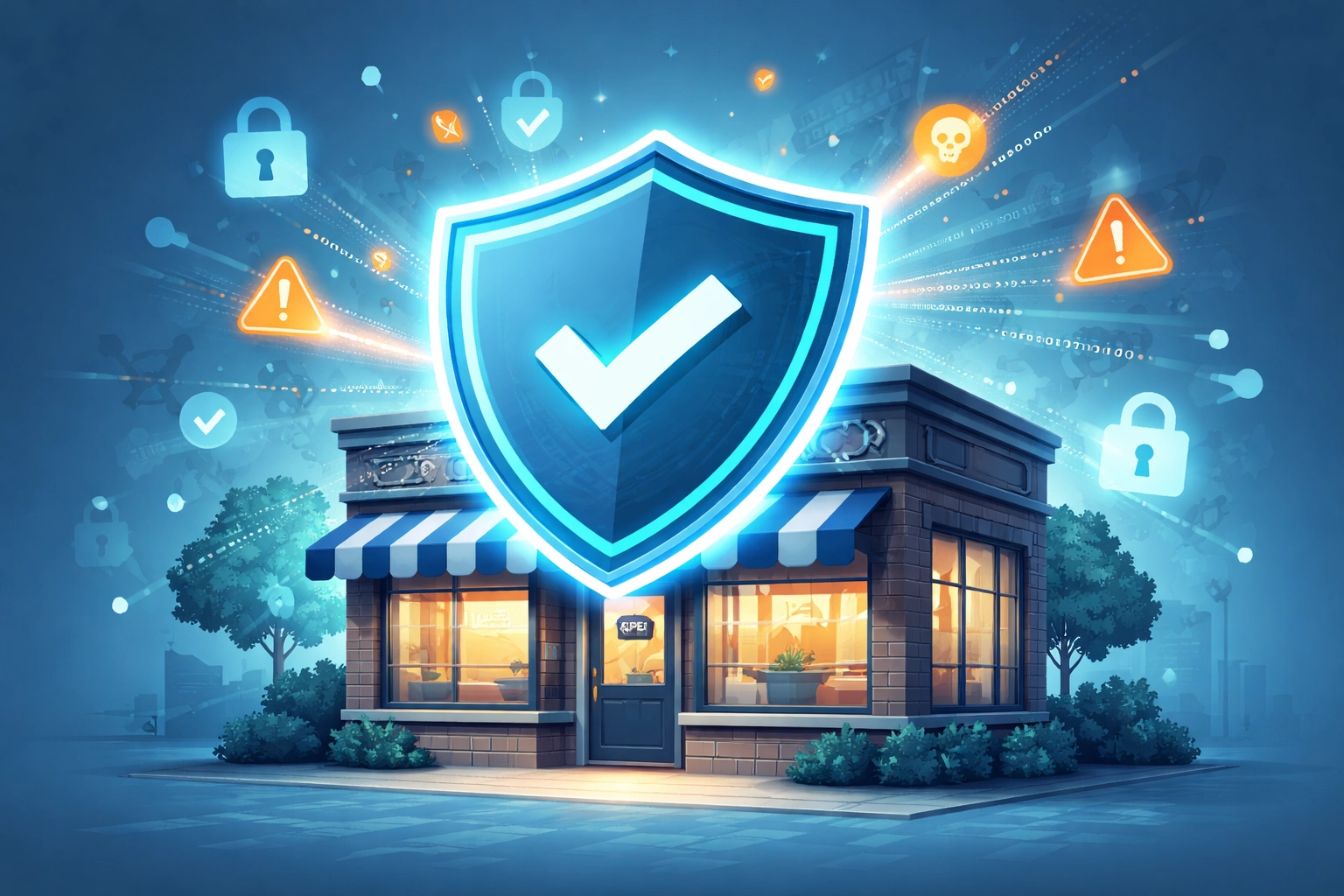 Digital shield protecting a Northern Michigan business storefront from cyber threats, emphasizing cyber insurance importance.