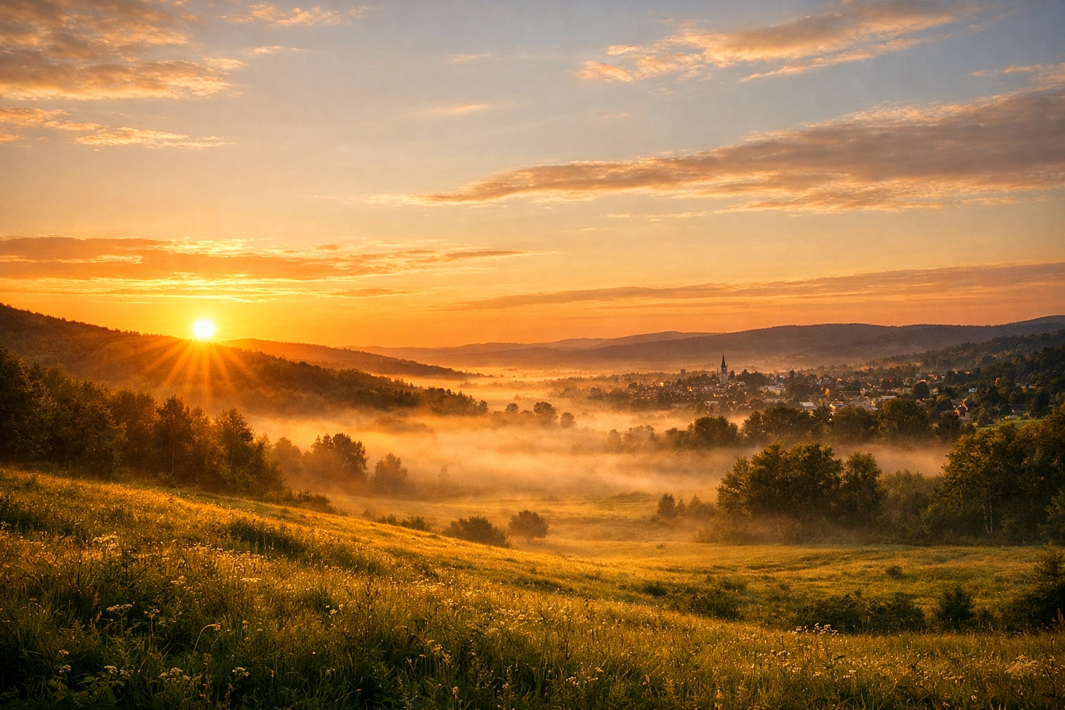 A sunrise over a valley representing hope; FA Memphis, First Assembly Memphis, and Boundless Online Church.