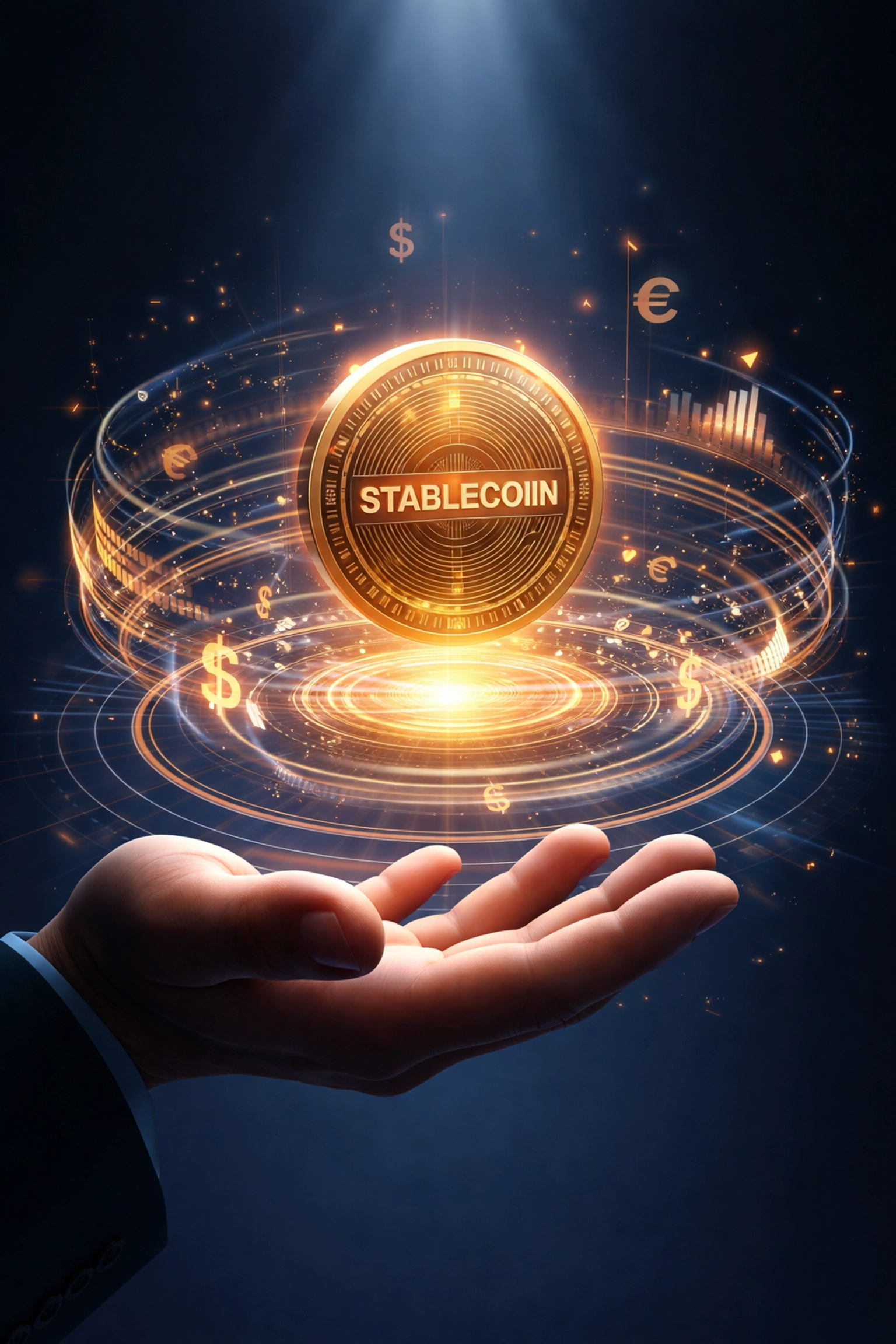 Digital stablecoin floating above an open hand with financial charts representing LUSD payment stability for small businesses