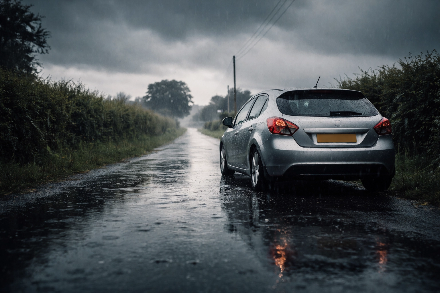 A silver car parked on a wet UK road in rainy weather, highlighting moisture that accelerates vehicle rust.