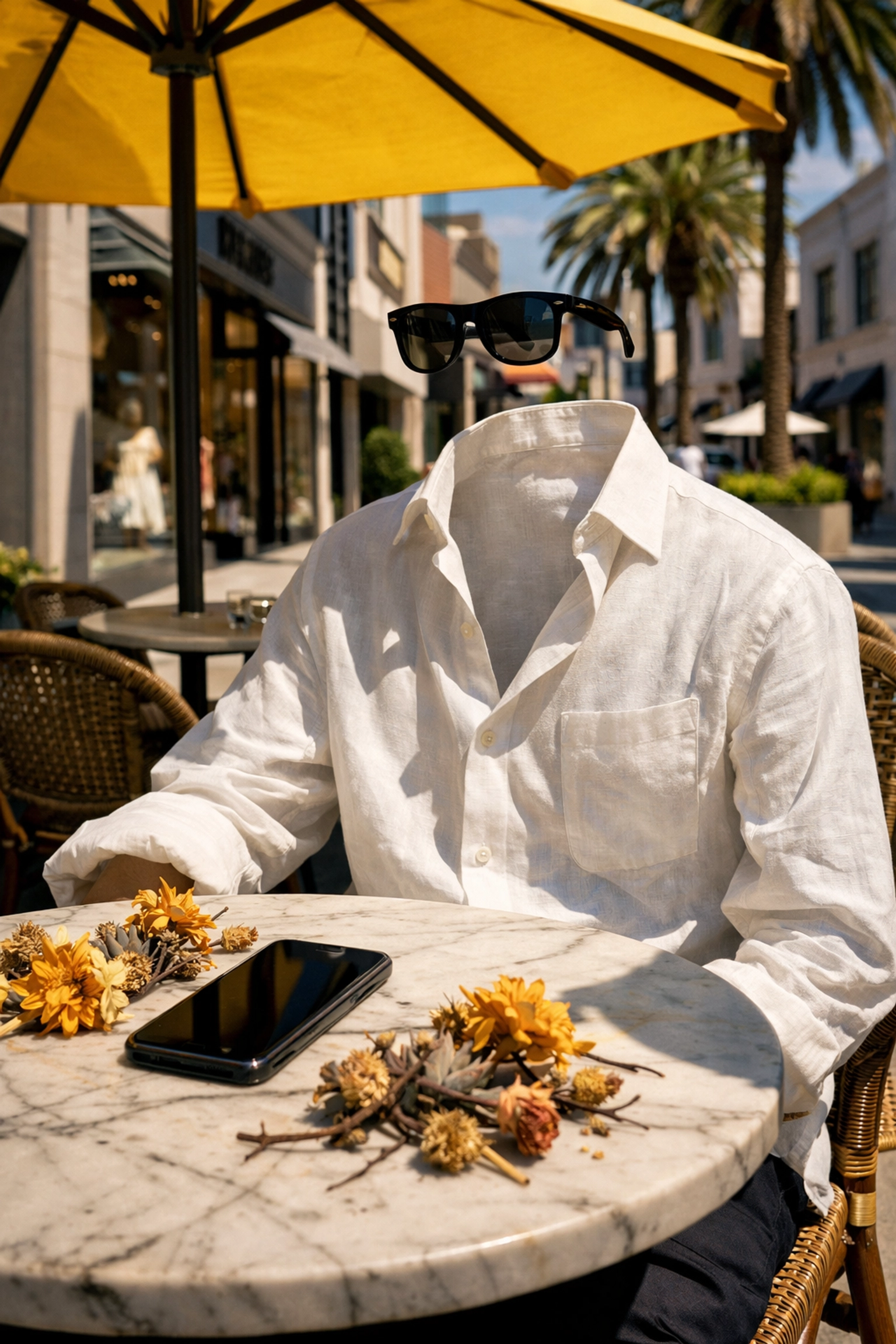 Floating clothes of a ghosted client at a cafe, critiquing Scottsdale Living's business consulting failures.