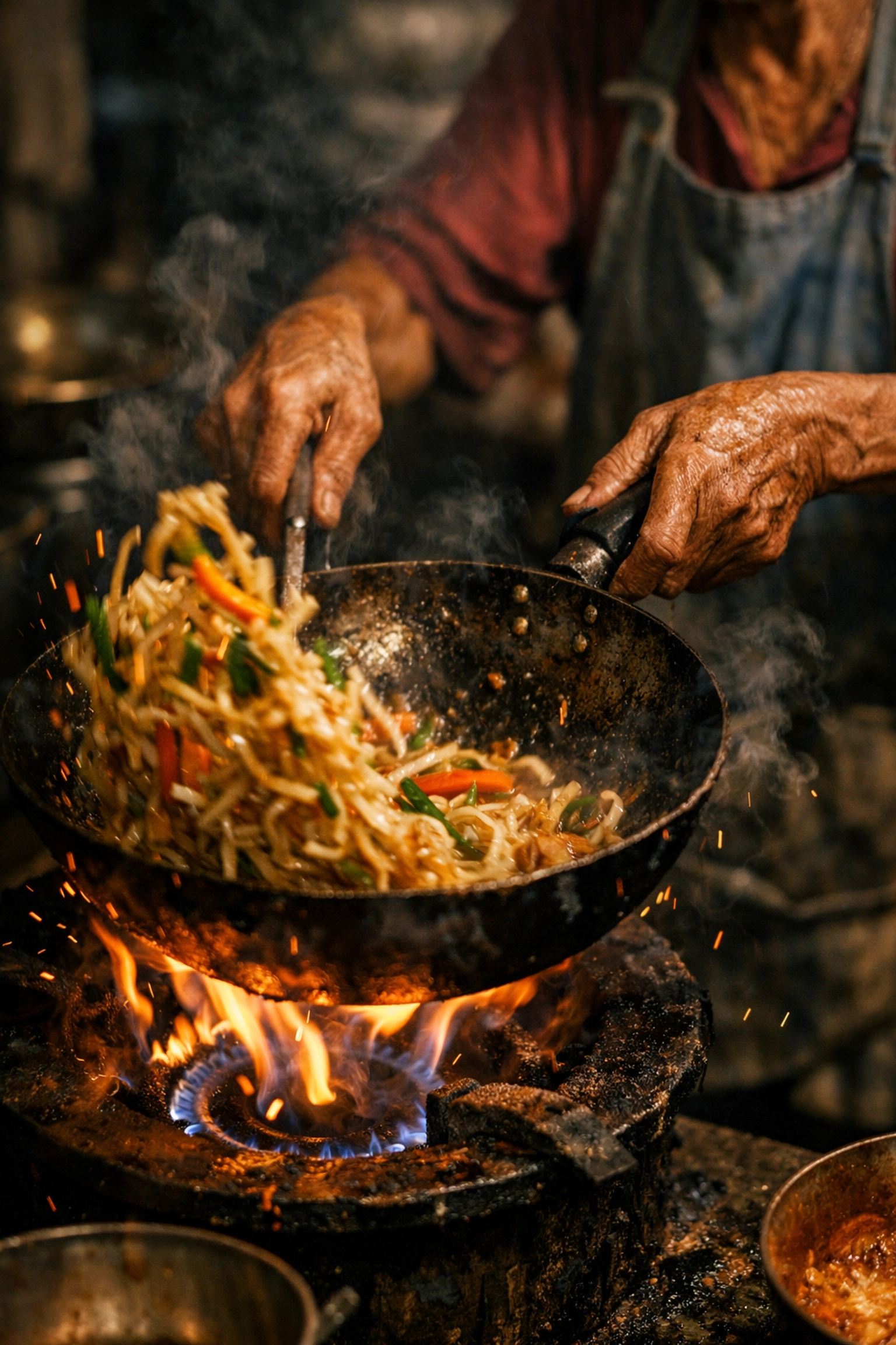 A Thai street food vendor skillfully cooking noodles in a wok, highlighting the heart of Bangkok's best cheap eats.