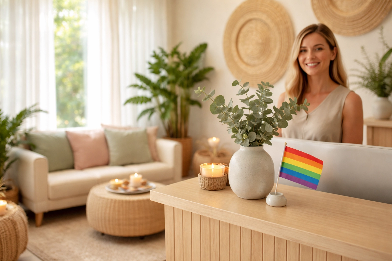 Welcoming spa reception area with pride flag, highlighting a trans friendly and inclusive environment