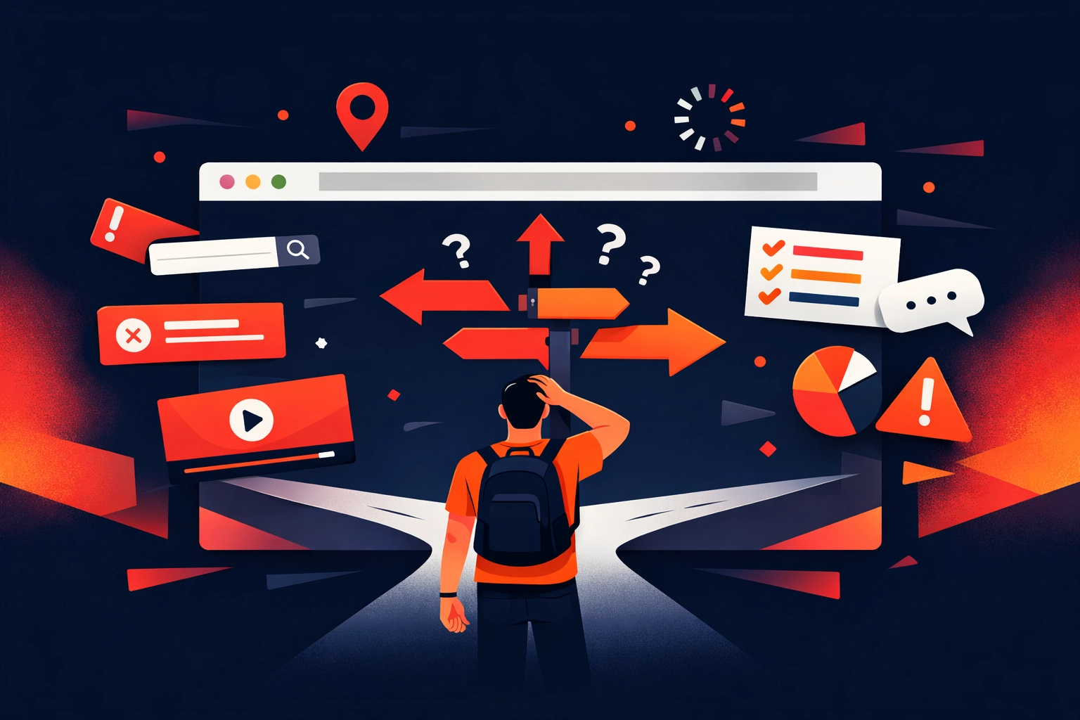 Confused website visitor facing multiple conflicting navigation paths and unclear conversion options