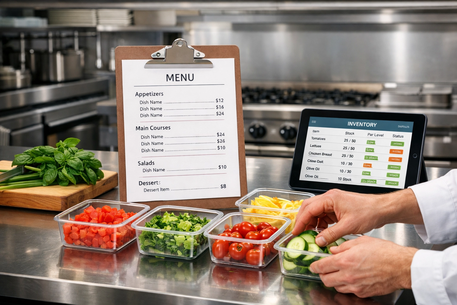 Organized restaurant kitchen prep station with streamlined menu layout and inventory management system