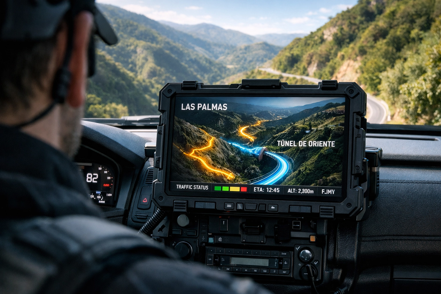 Tactical route planning on a tablet inside a 911 Medellin security vehicle for executive protection.