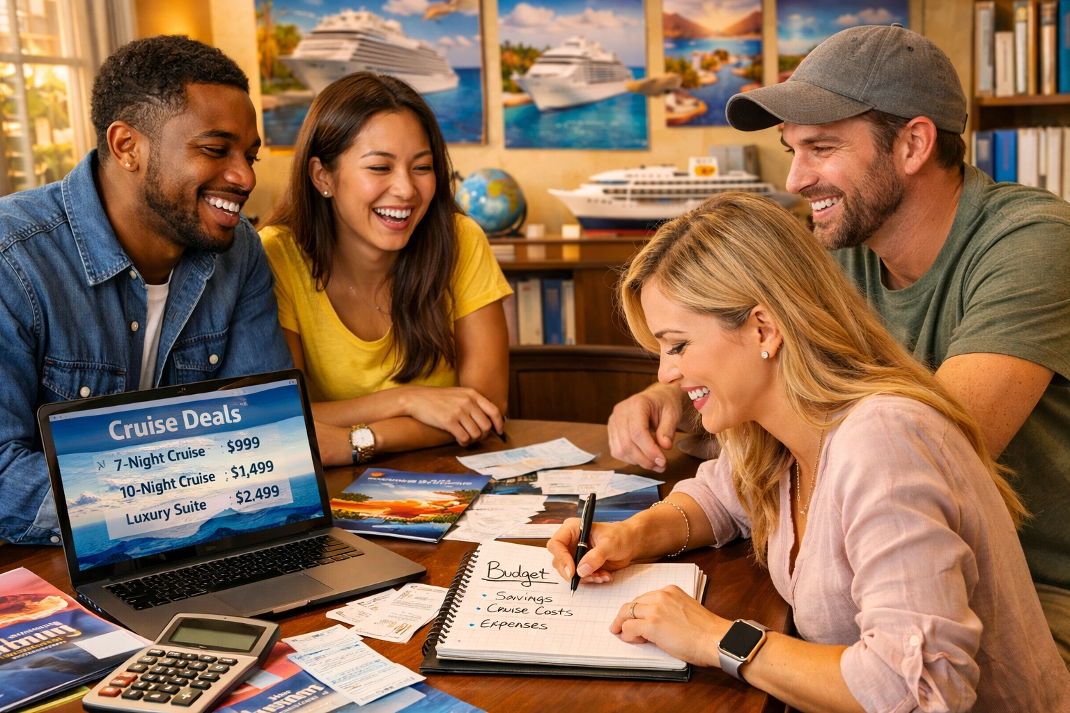 Travel planning group calculating total cruise vacation costs and budget