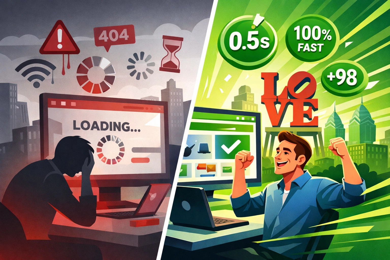 Comparison of slow versus fast website loading speeds showing performance optimization impact