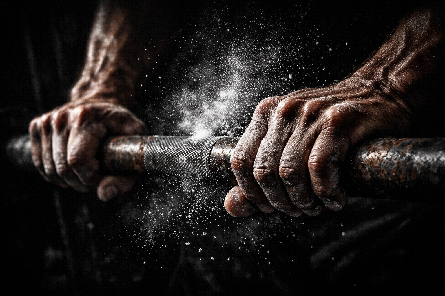 Hands gripping a barbell with chalk, highlighting a professional strength and hypertrophy program.