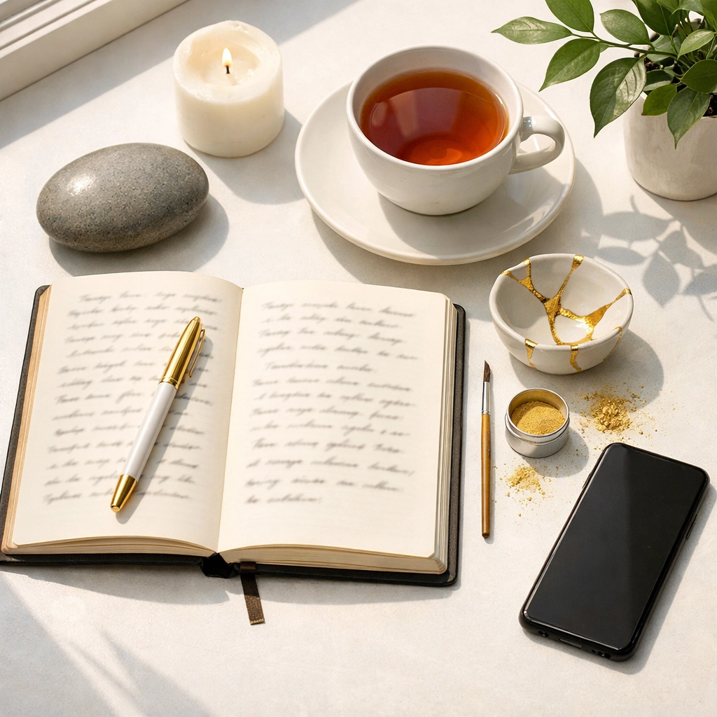 Journal and kintsugi art on a desk symbolizing a toolkit for personal growth and trauma recovery.