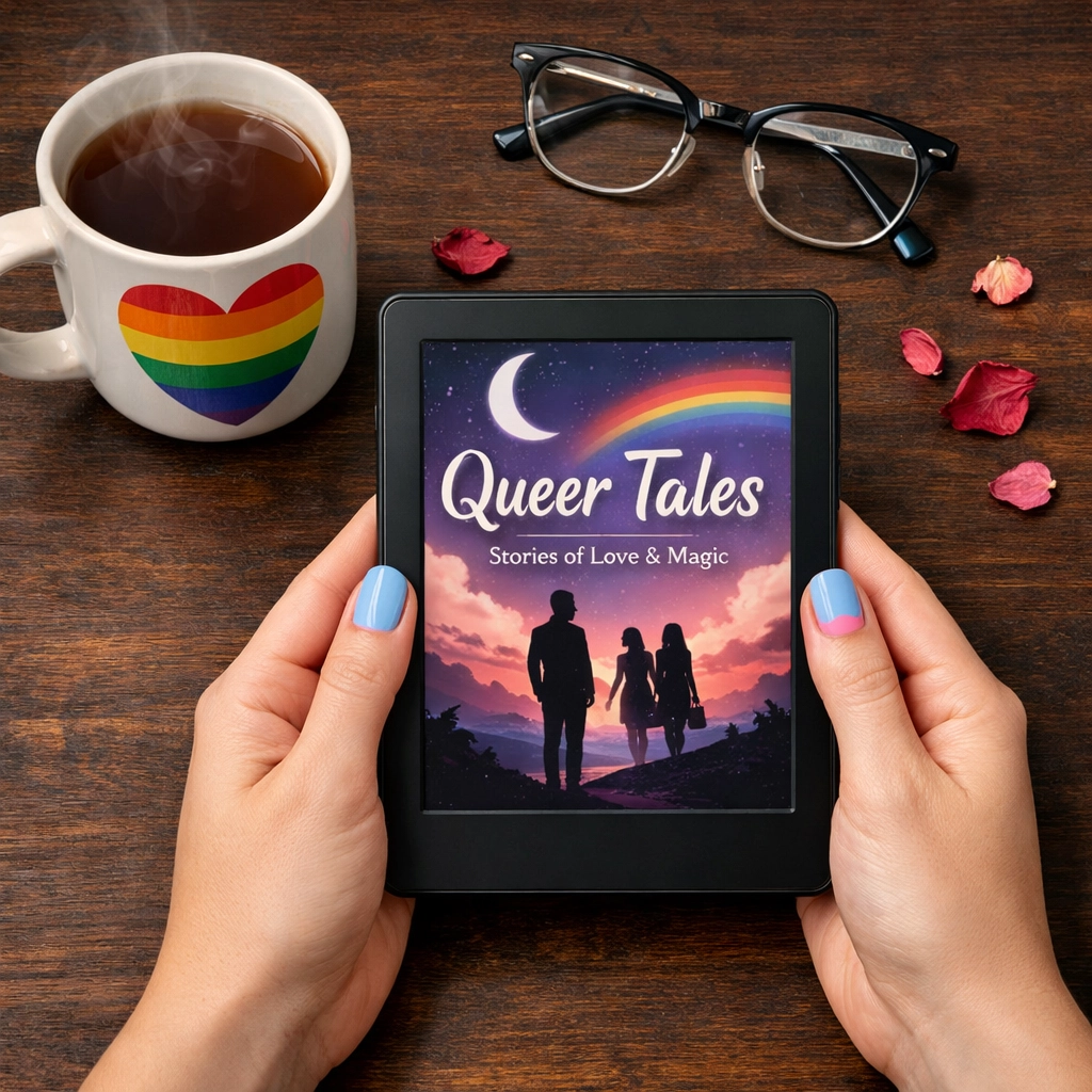 Hands with trans pride nails holding an e-reader with a rainbow mug, representing the joy of LGBTQ+ reading.
