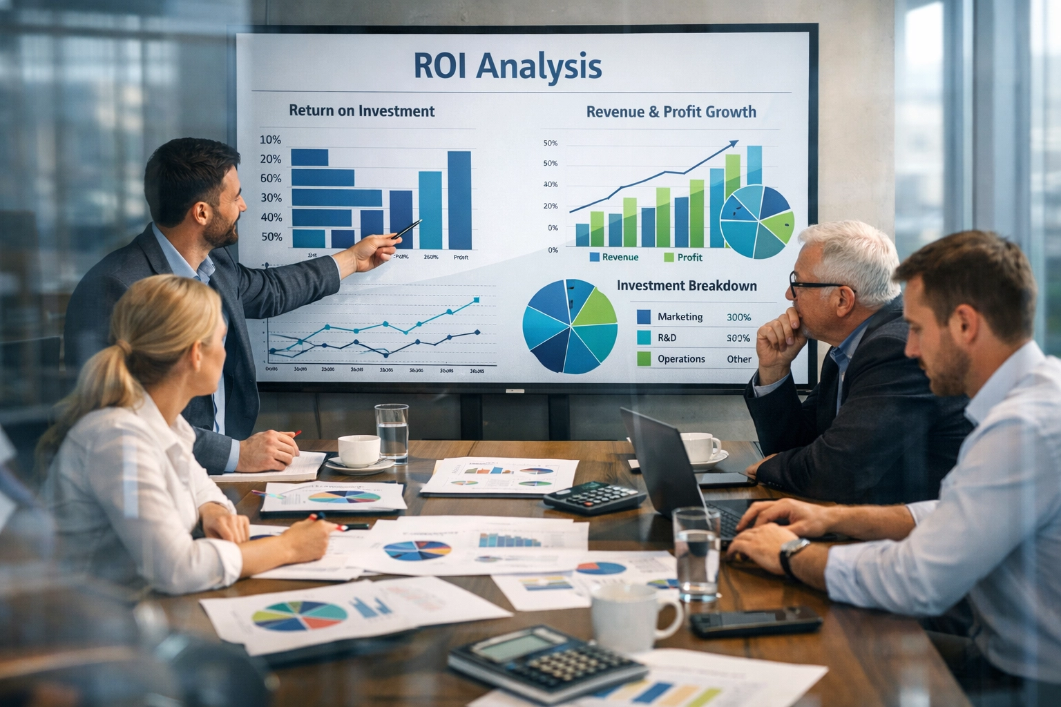 Business team meeting analyzing ROI charts and financial projections on screen