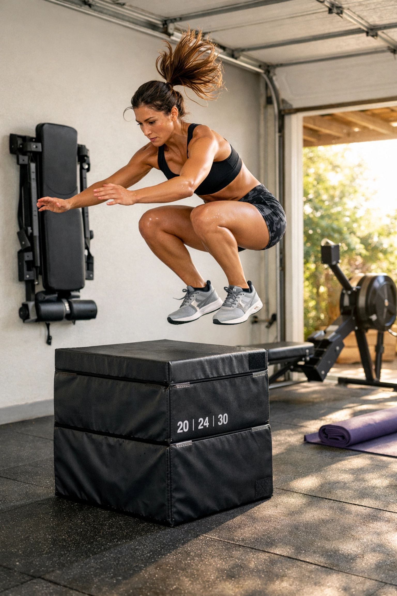 Female athlete performing box jump in garage gym with foldable equipment and compact storage