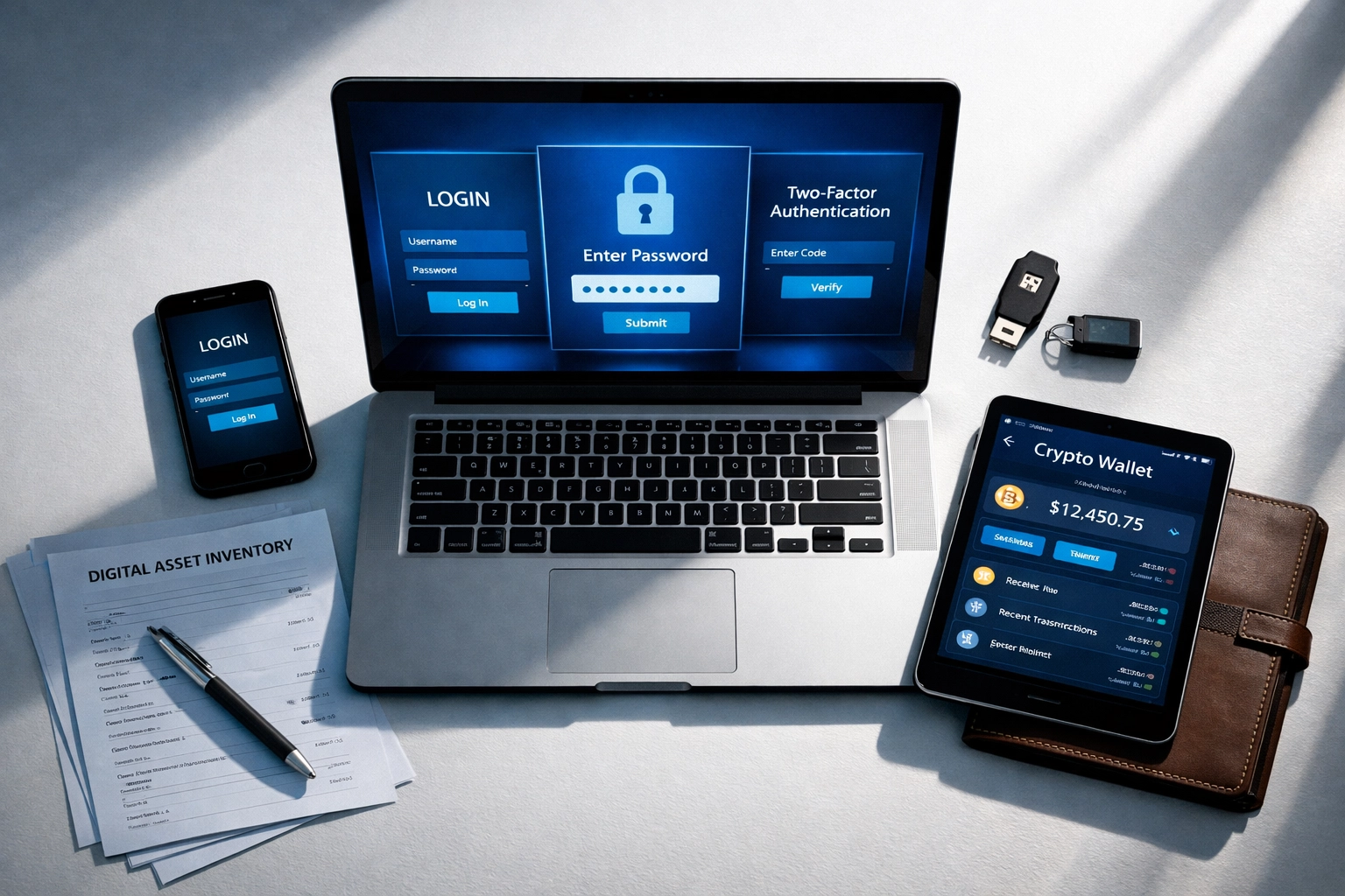 Digital asset inventory with cryptocurrency wallet, password manager, and estate planning documents