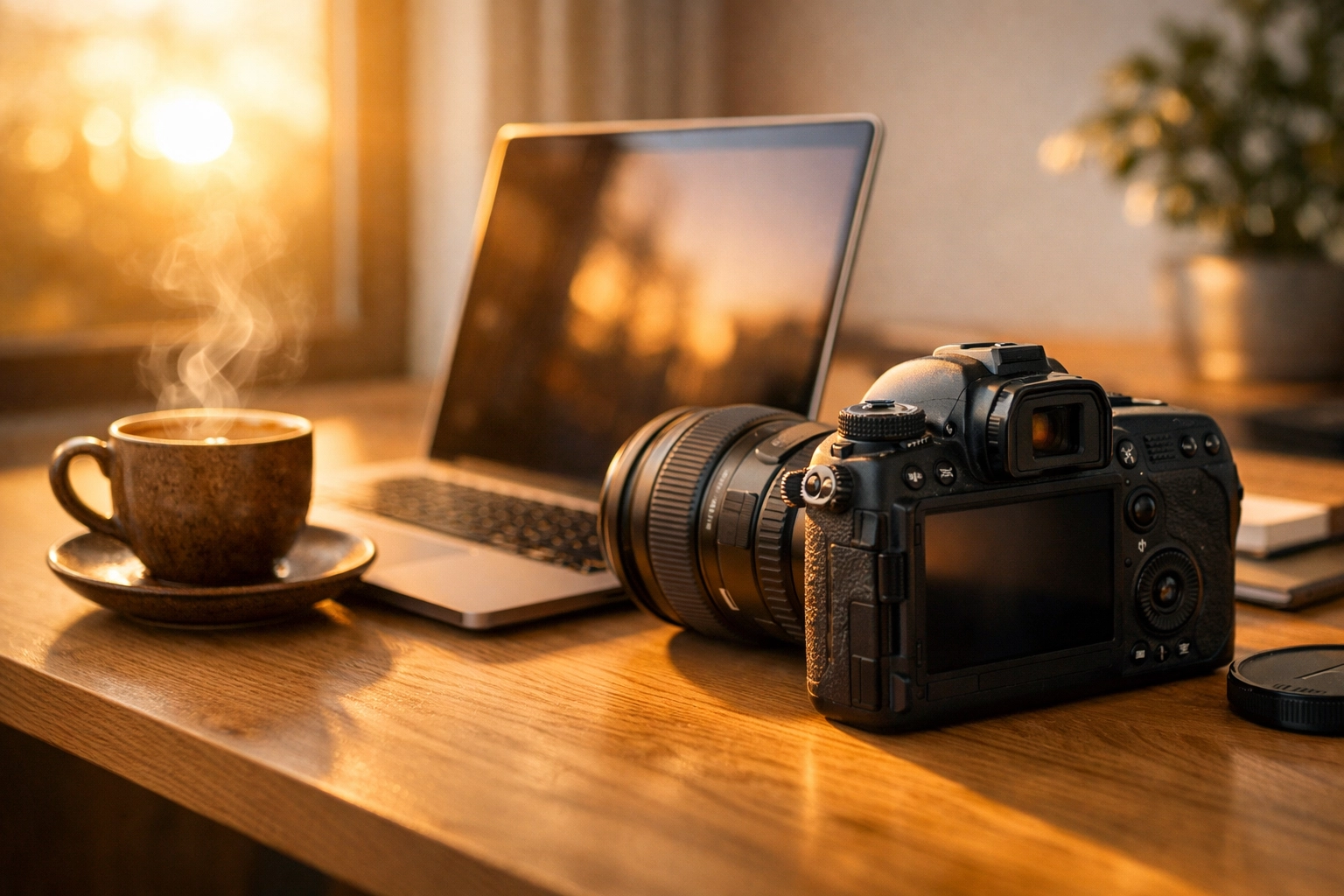 The Ultimate Guide to Proshoot.io: Everything You Need to Succeed as a Visual Pro 2 Organized photographer workspace with a camera and laptop, perfect for managing a visual pro profile.