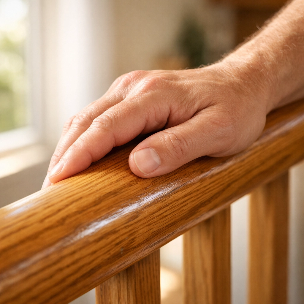 A close-up of a person's hand with a firm grip on a sturdy wooden stair handrail for home safety.