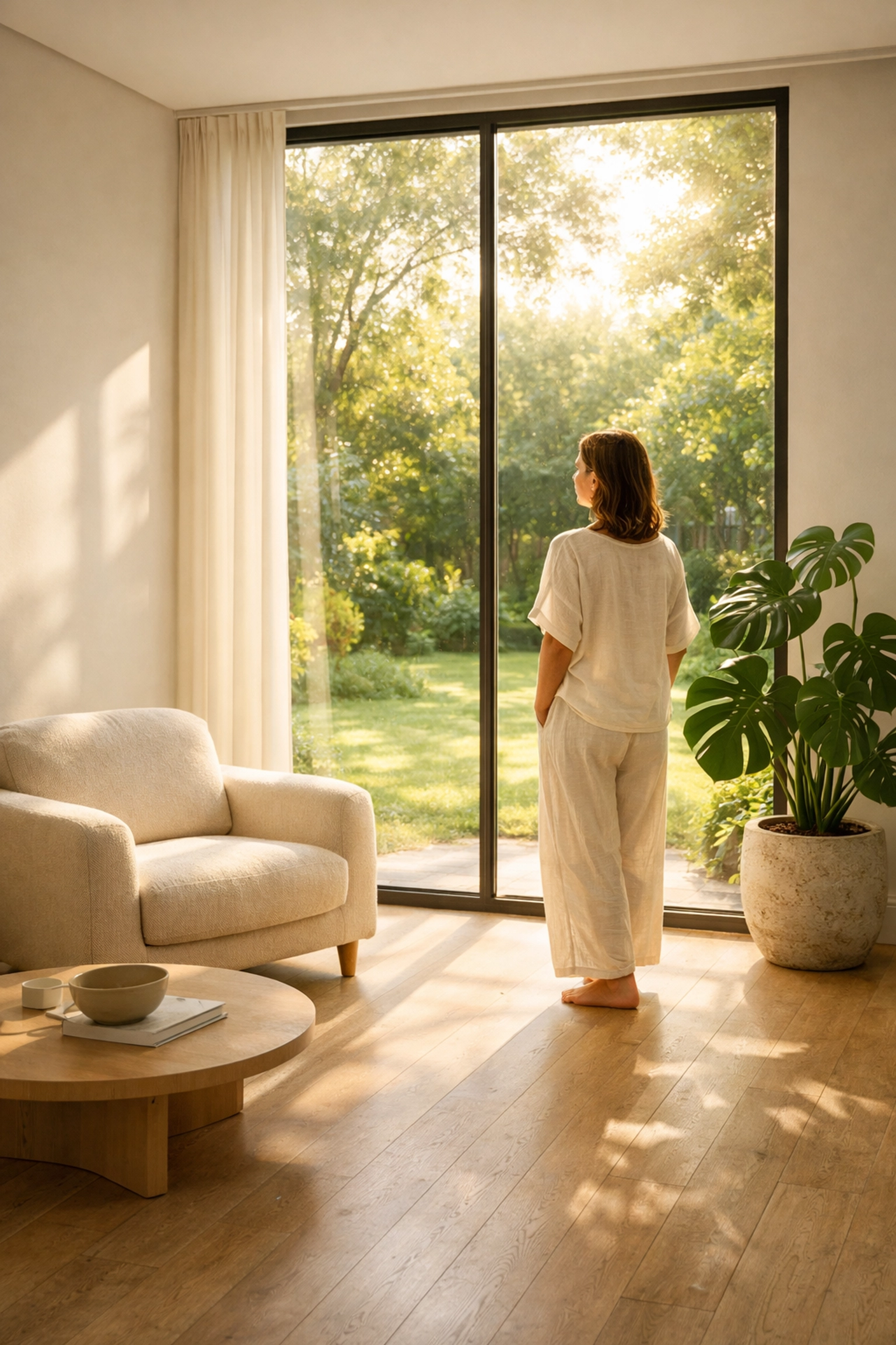 Woman in a sun-drenched, decluttered living room practicing self-care for women.