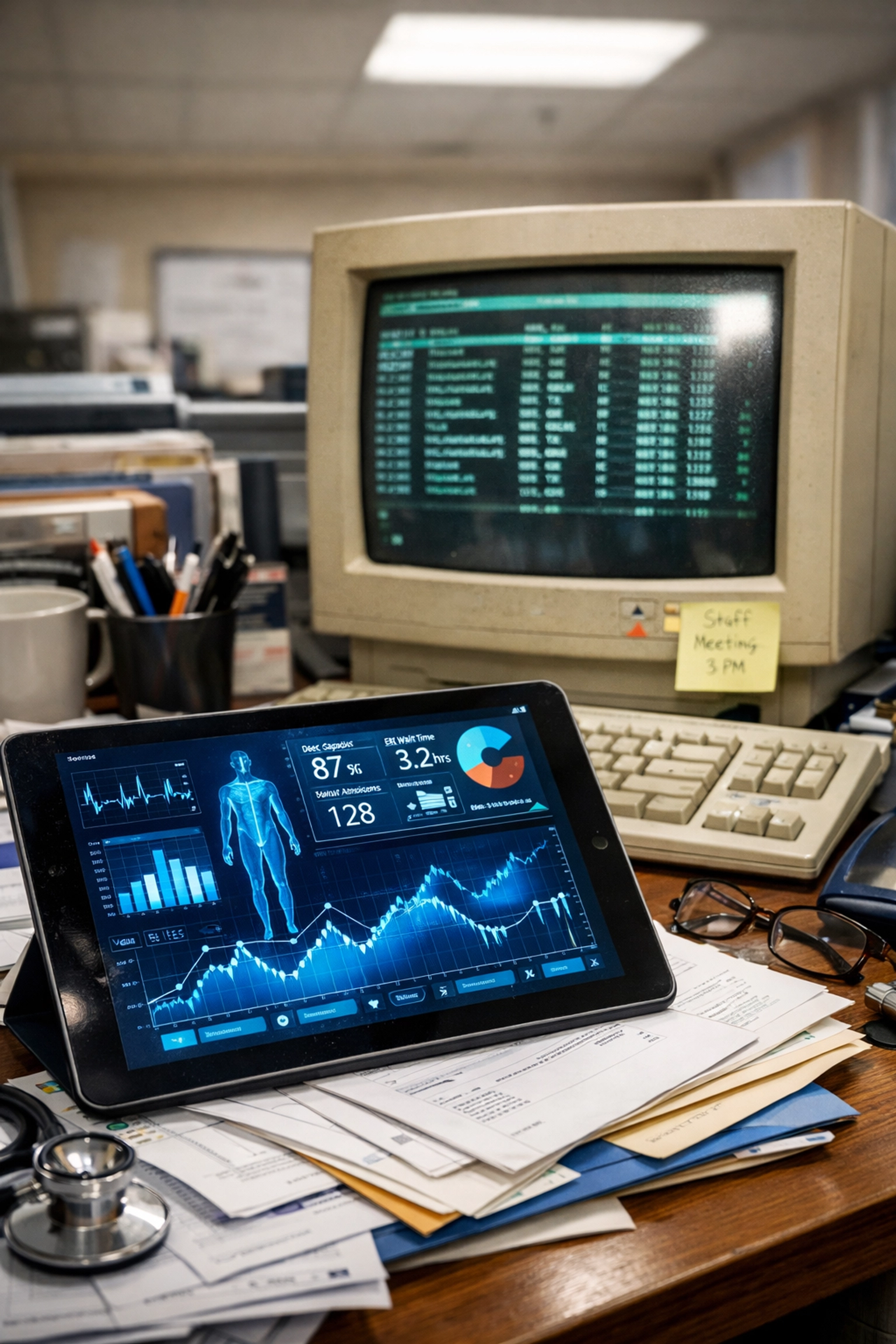 Hospital administration challenges shown through modern digital transformation tools next to outdated legacy systems.