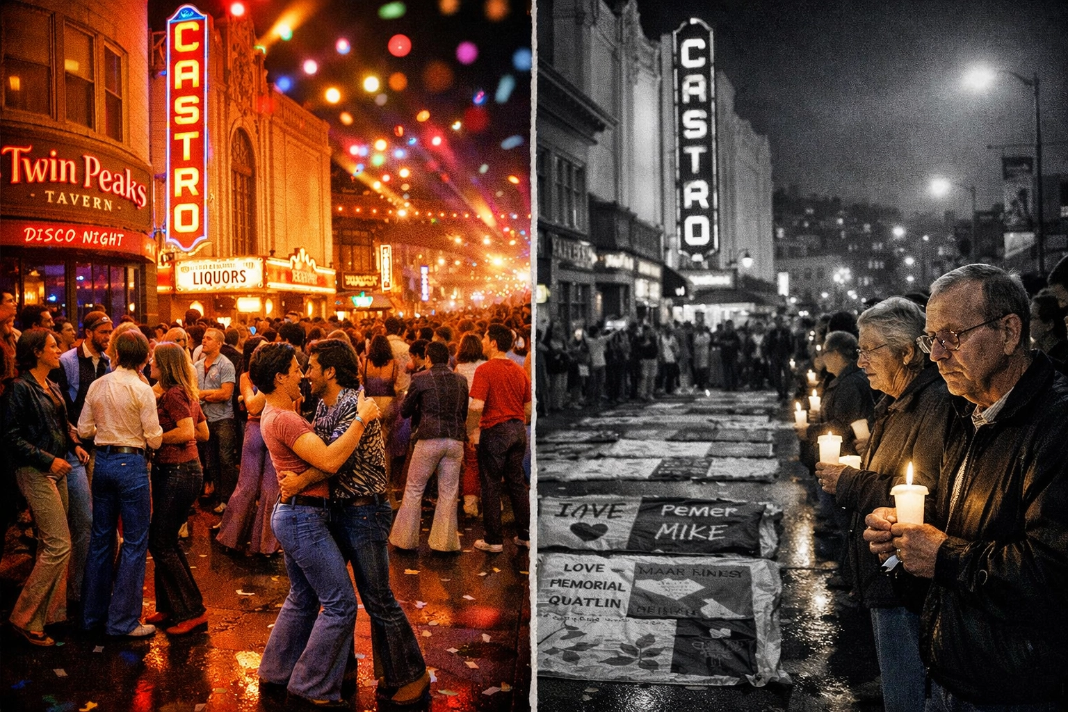 Castro district transformation from 1970s disco era to 1980s AIDS crisis memorial showing queer resilience