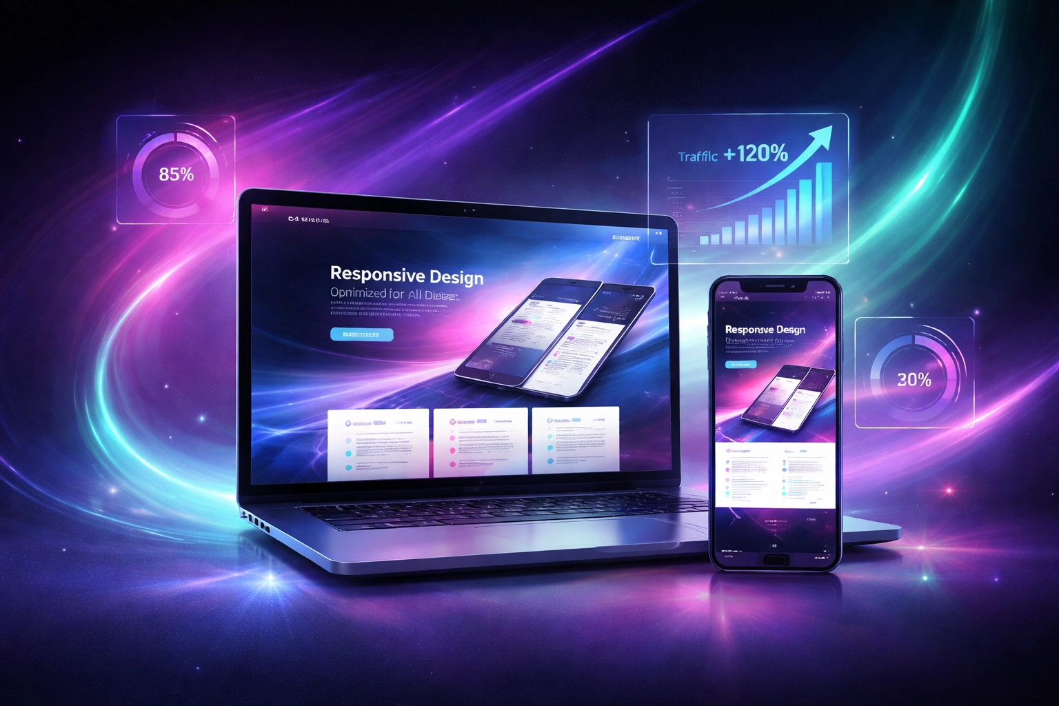 Laptop and smartphone both displaying a consistent website layout, symbolizing optimal responsive design and improved rankings.