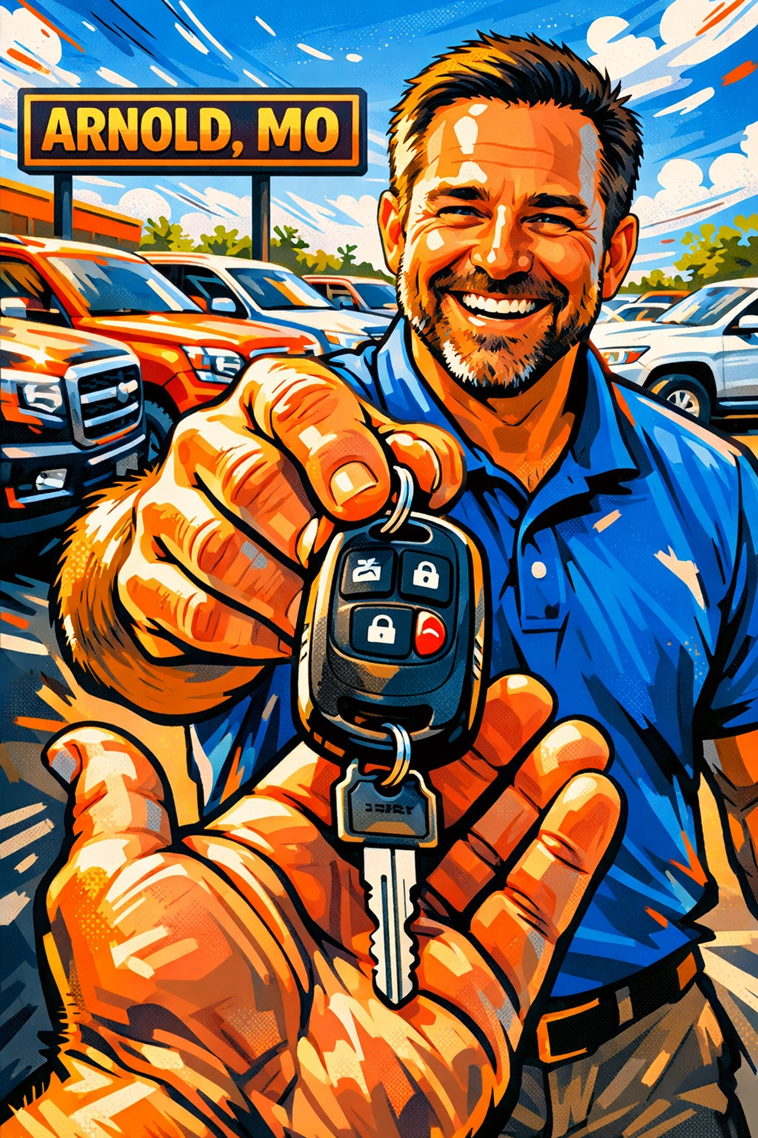 Friendly service at Grateful Motors in Arnold, MO, handing over car keys for a weekend adventure test drive.