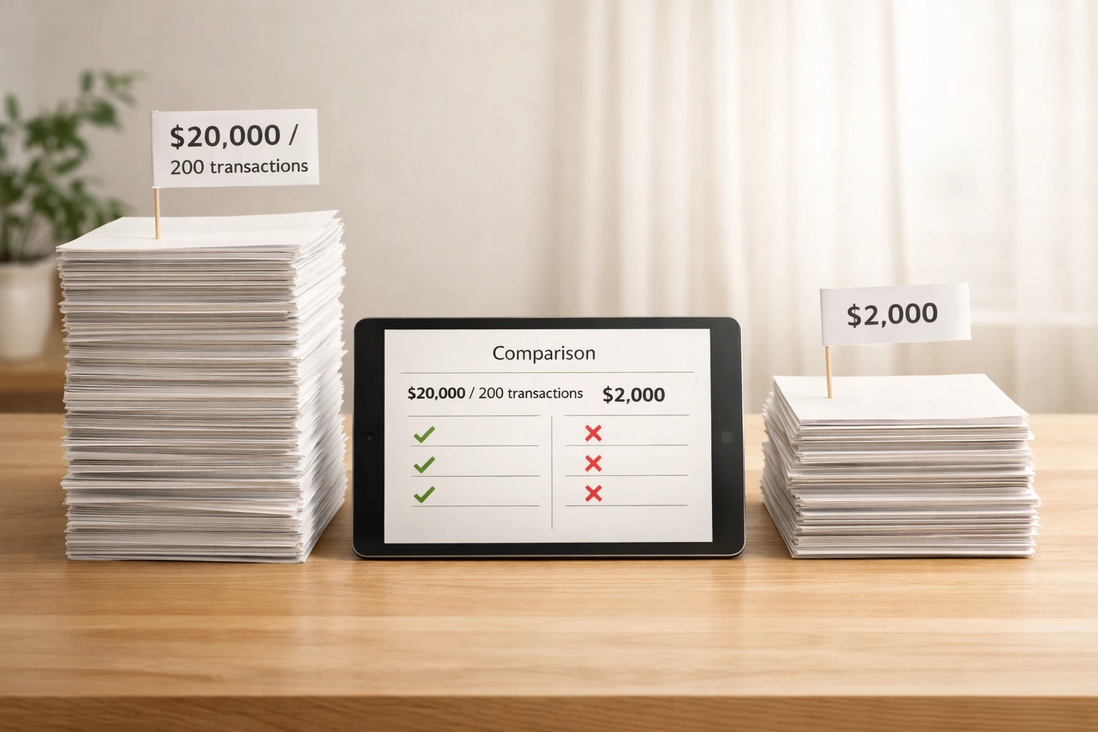 Comparison of 1099-K threshold requirements showing $20,000 and transaction minimums