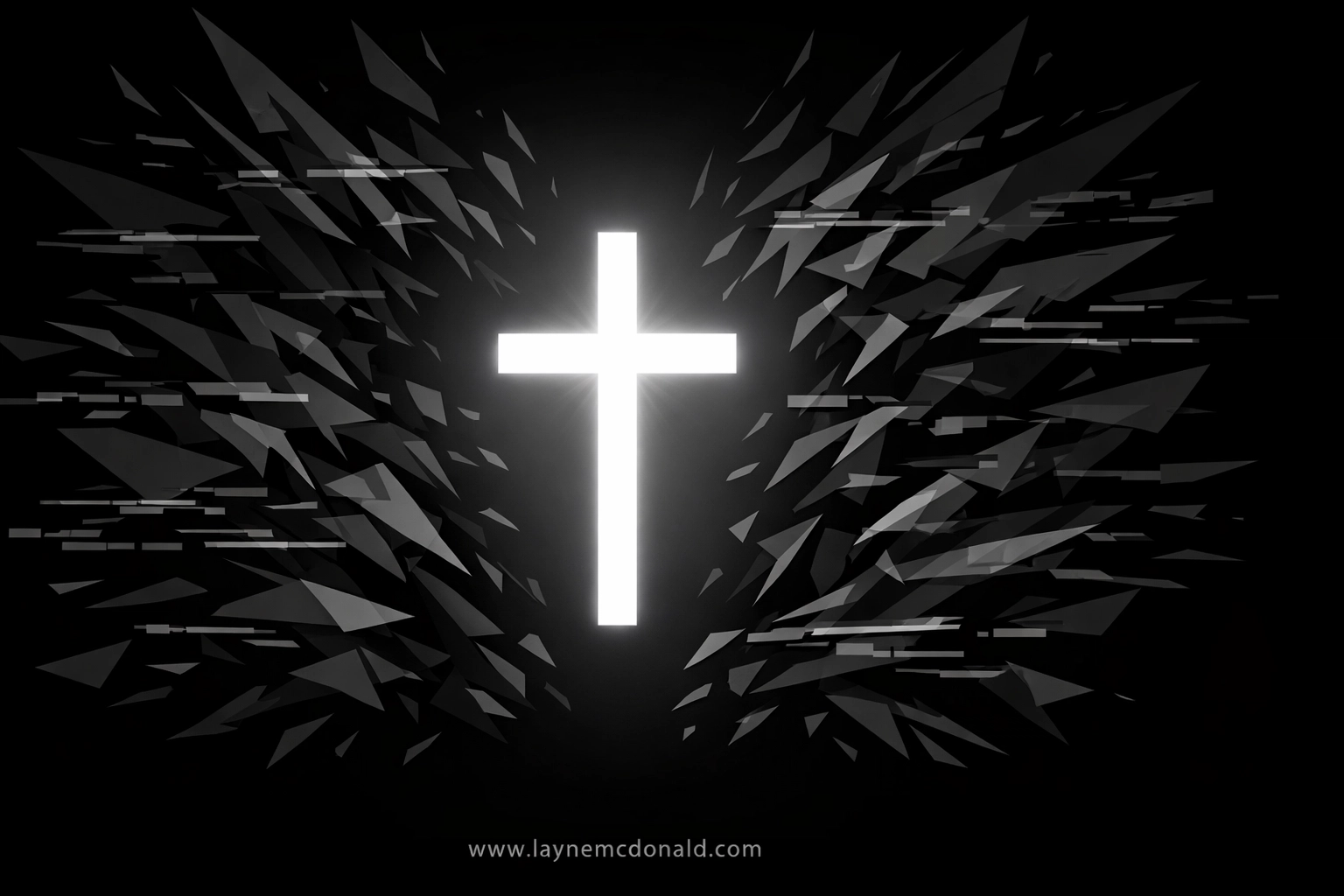 A glowing white cross standing firm amidst dark chaotic shards representing secular media noise.