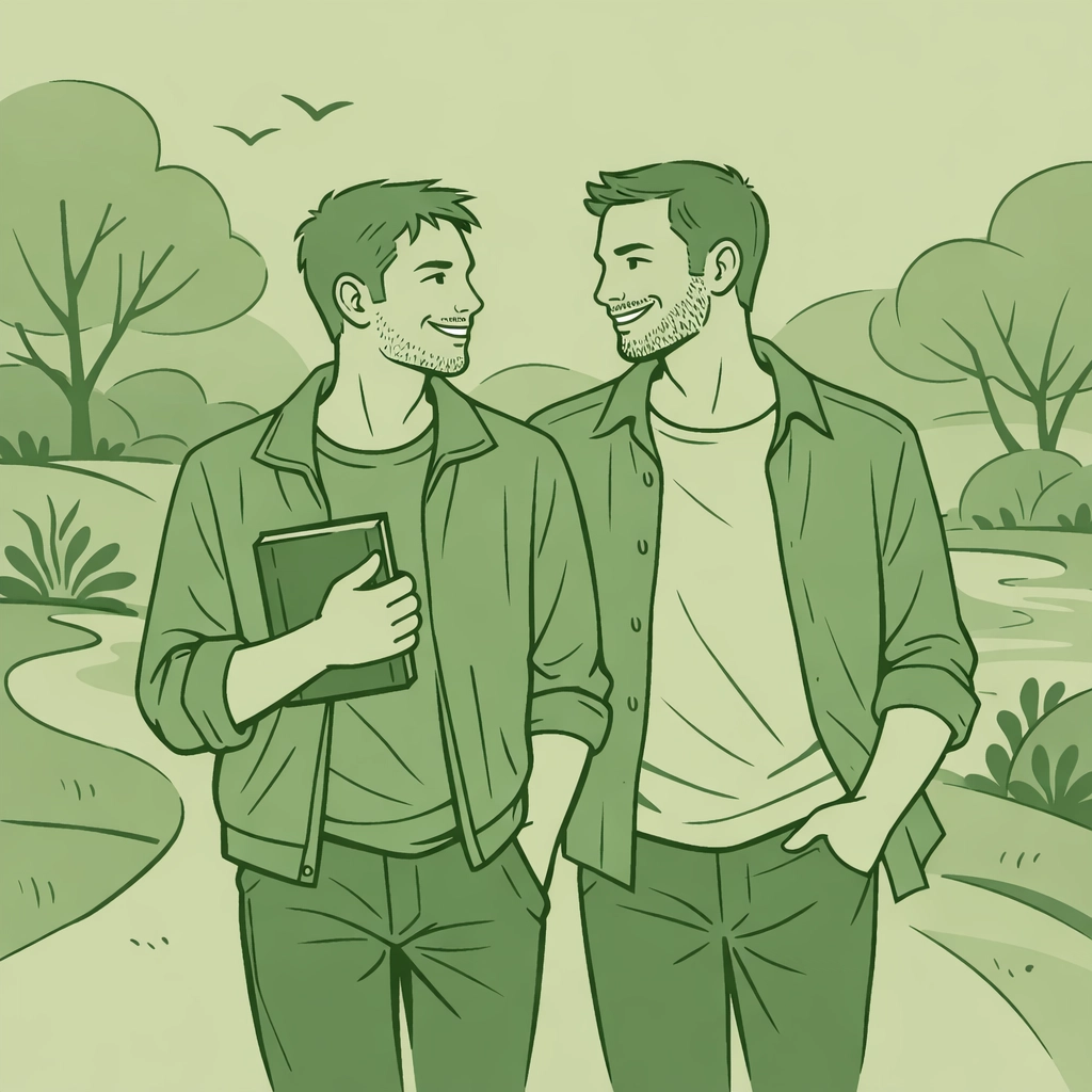Hand-drawn illustration of a gay couple walking, representing the journey and future of LGBTQ+ ebooks.