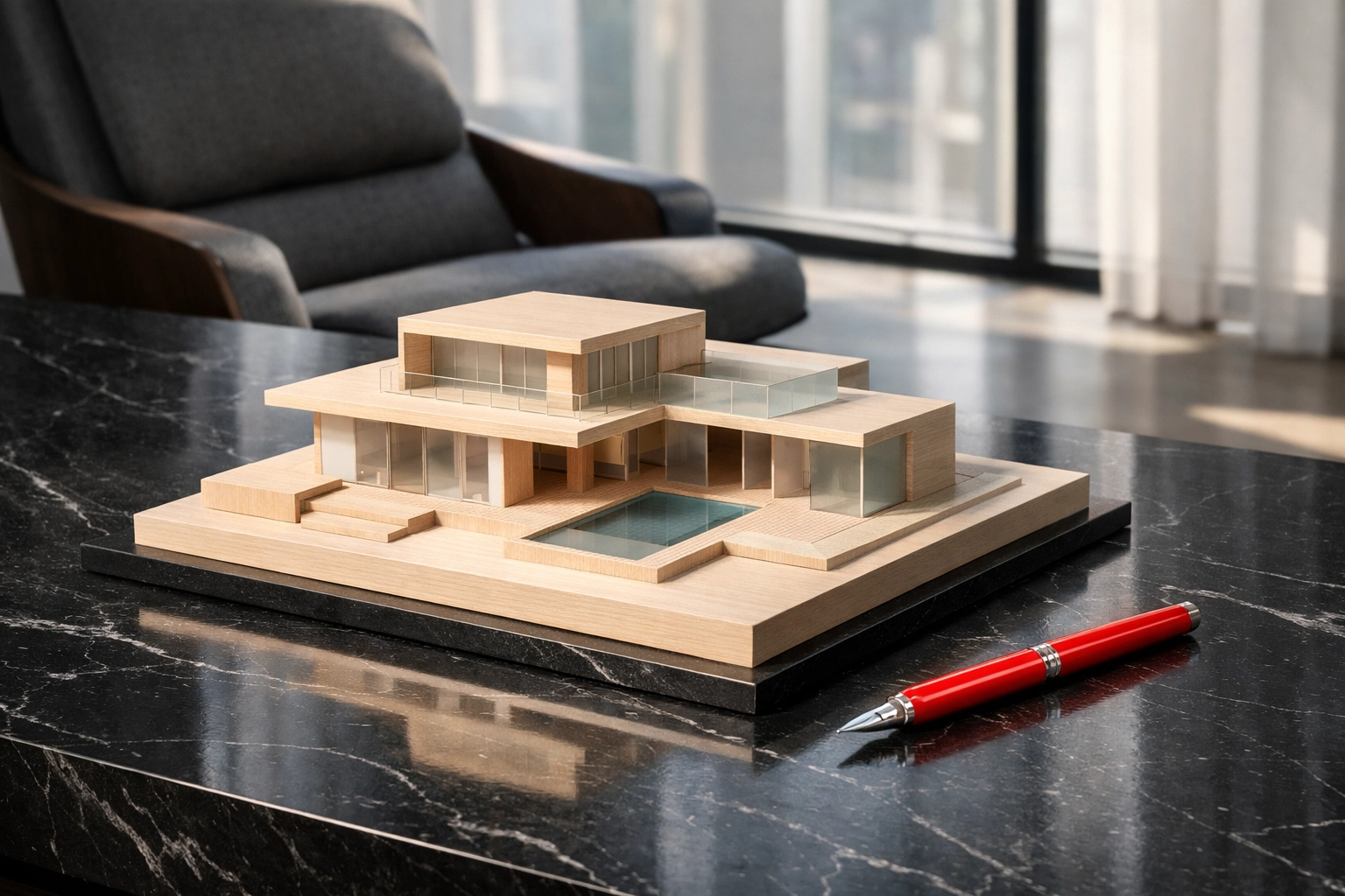 Modern house model on a marble desk representing systems and leverage to build a real estate team empire.