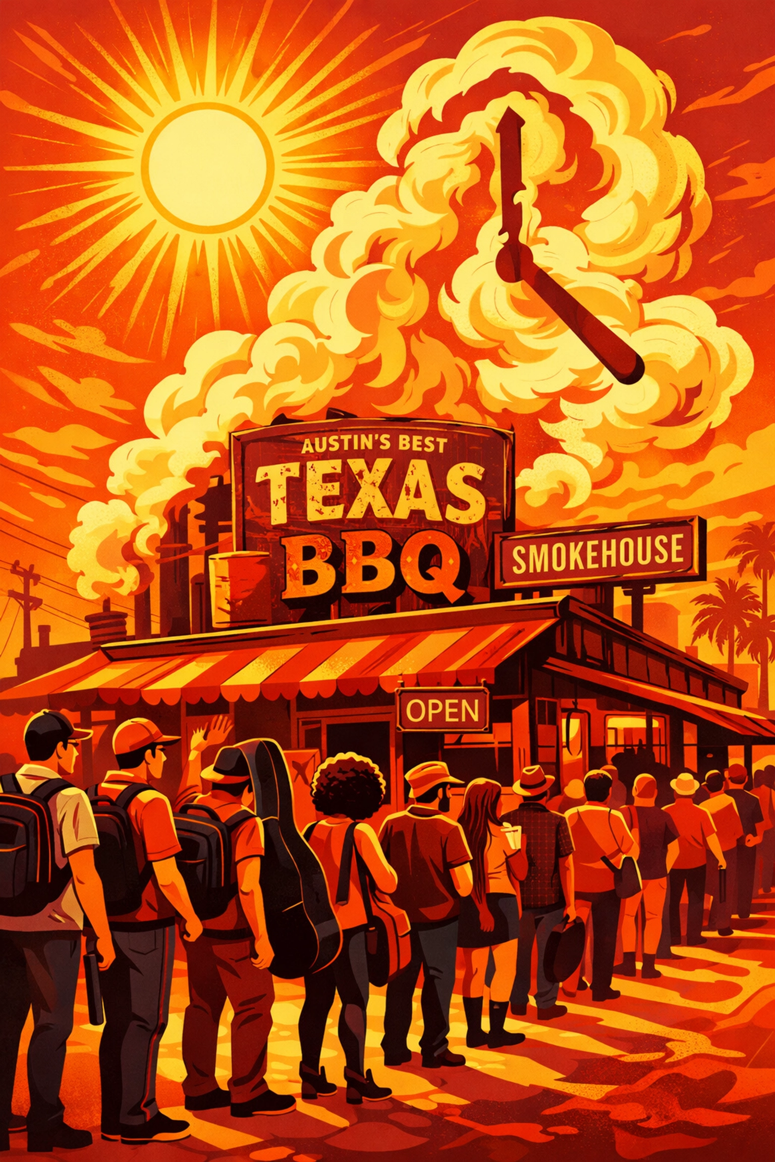A line of people at a famous Austin BBQ restaurant illustrating the city's unique daily business rhythm.