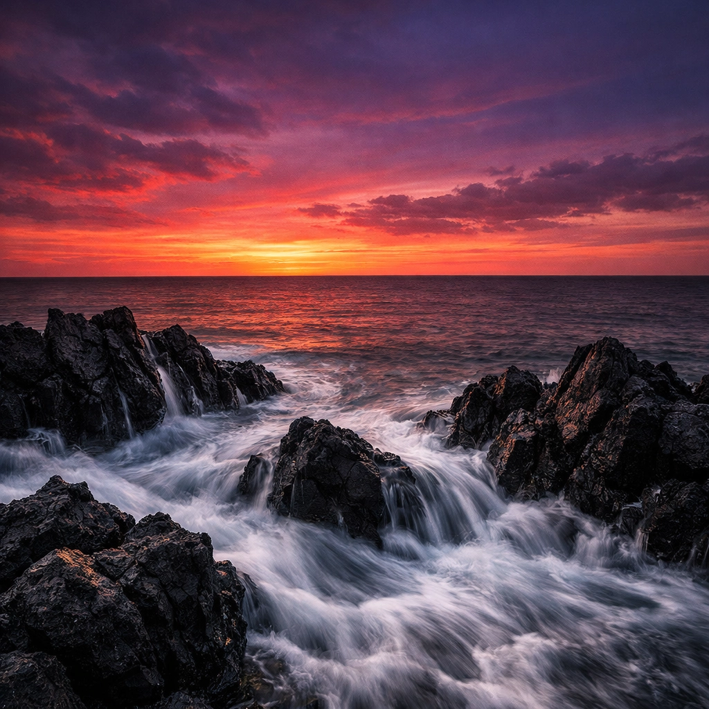 Dramatic coast with a straight horizon and balanced composition, avoiding major landscape photography errors.