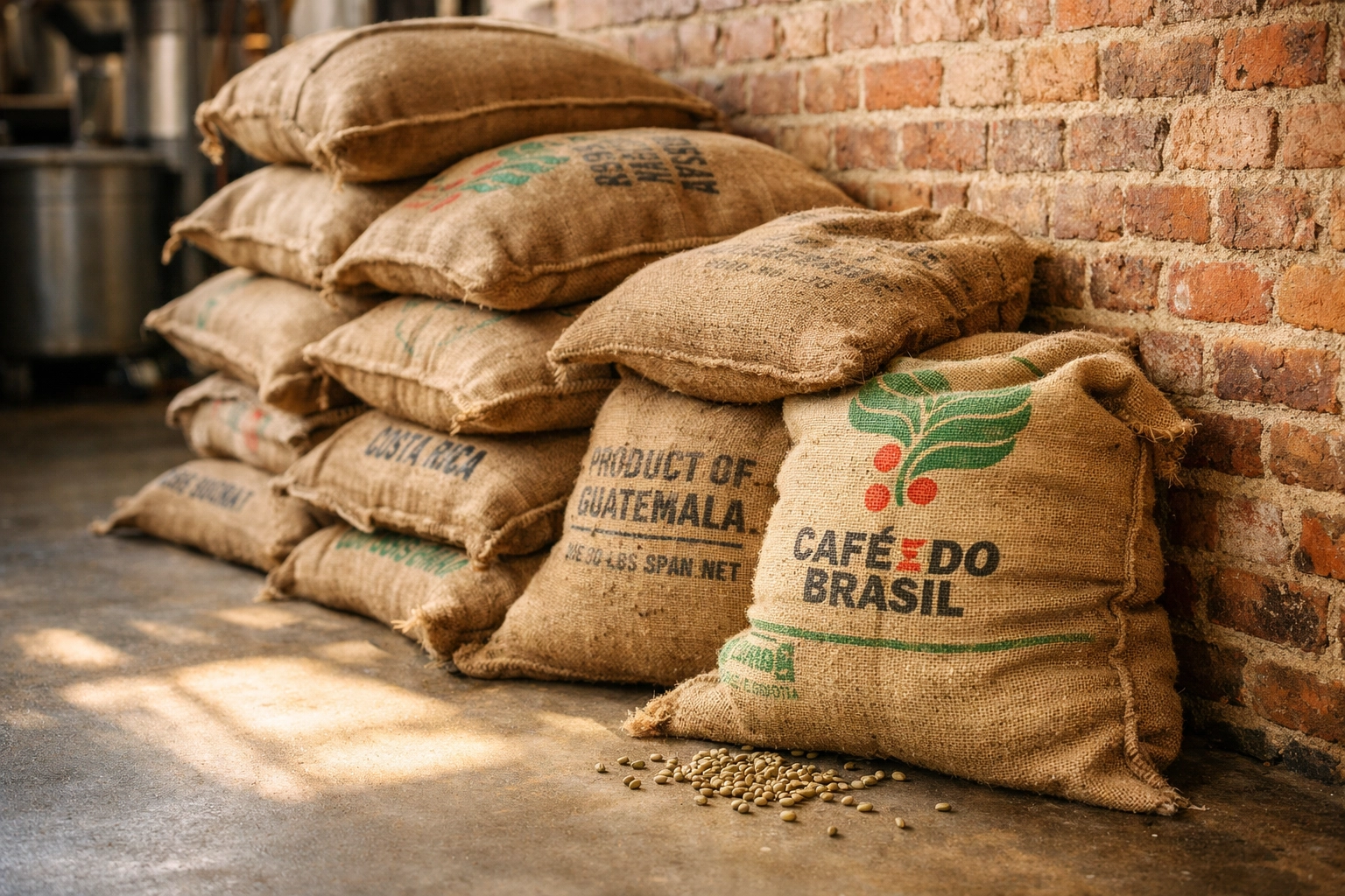 Authentic burlap coffee sacks stacked in a sunlit roastery against a rustic brick wall.
