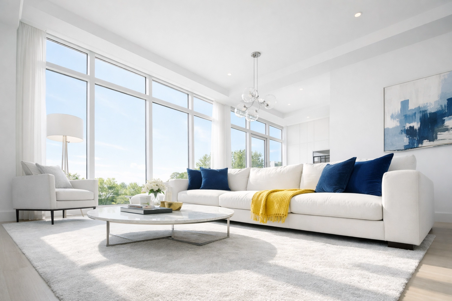 Dust-free modern living room highlighting the health benefits of weekly house cleaning.