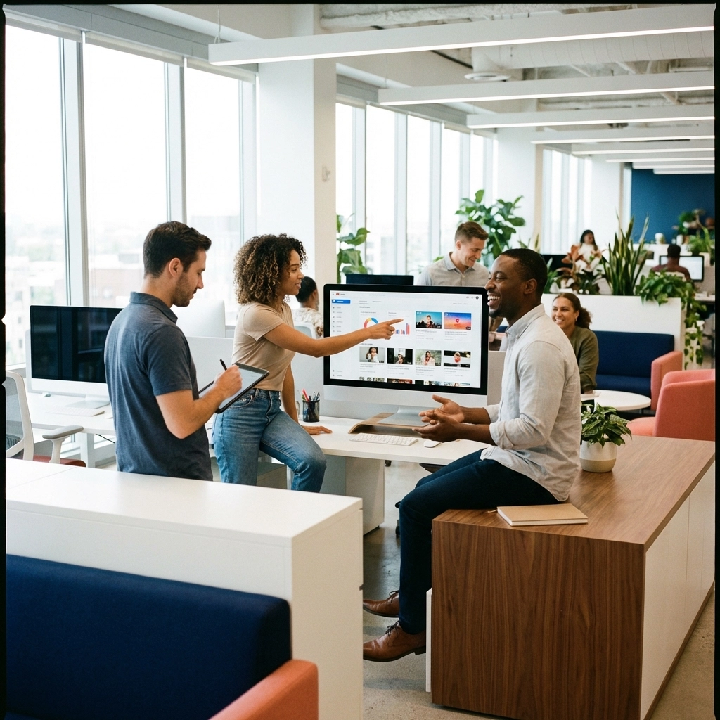 Marketing team reviewing social media video analytics in open office, emphasizing digital strategy integration.