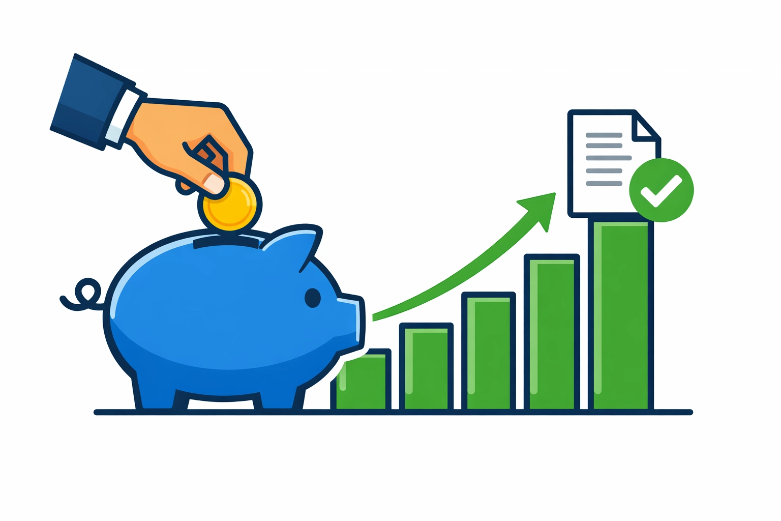 Hand putting coin in piggy bank next to a growth graph representing tax-advantaged HSA and IRA contributions.