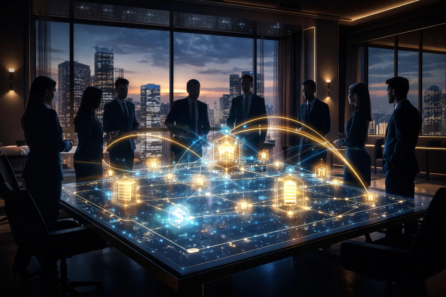 Business professionals collaborating in a modern conference room, illustrating private equity and real estate syndication for institutional investors.