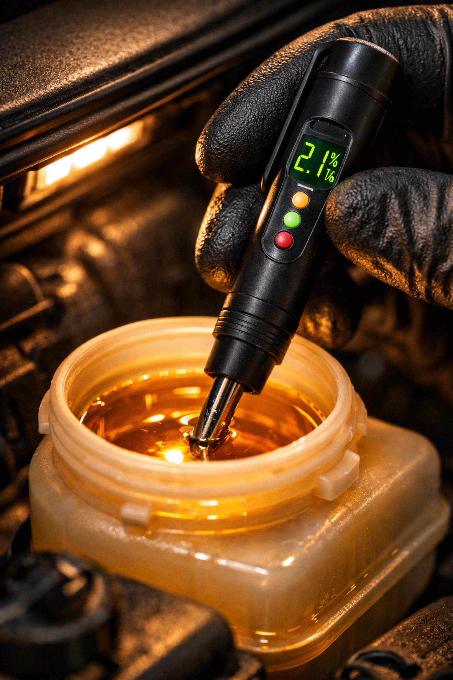 Technician checking brake fluid moisture levels as part of a routine preventative maintenance service.