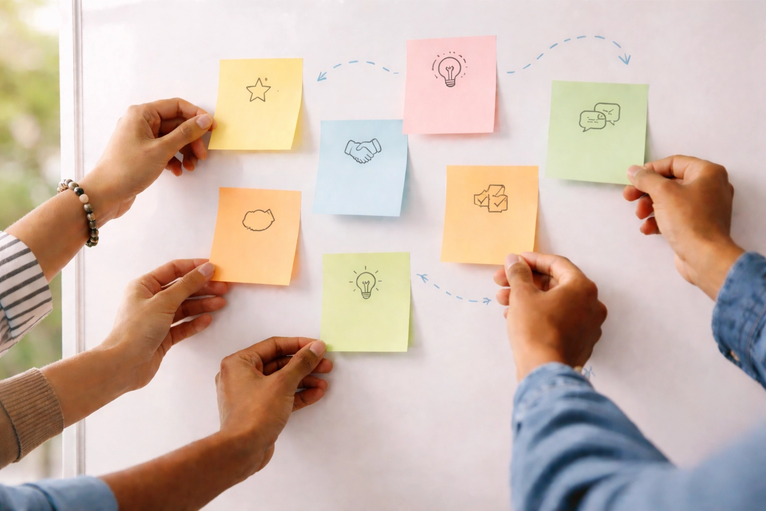 Diverse group arranging skill-themed sticky notes, highlighting teamwork and leadership for civilian careers.