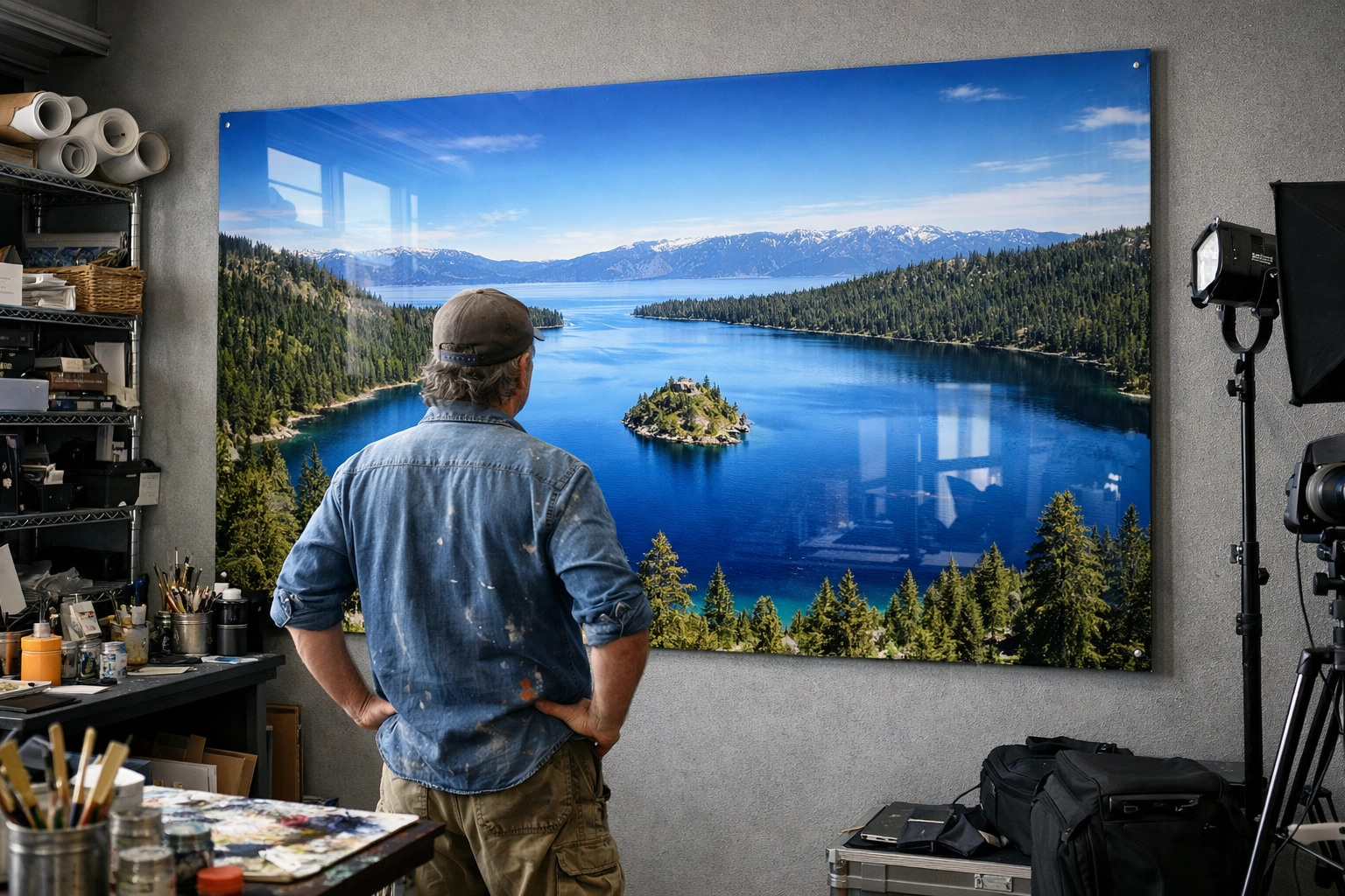 Large-scale museum quality prints of Lake Tahoe shown in a modern fine art photography studio.