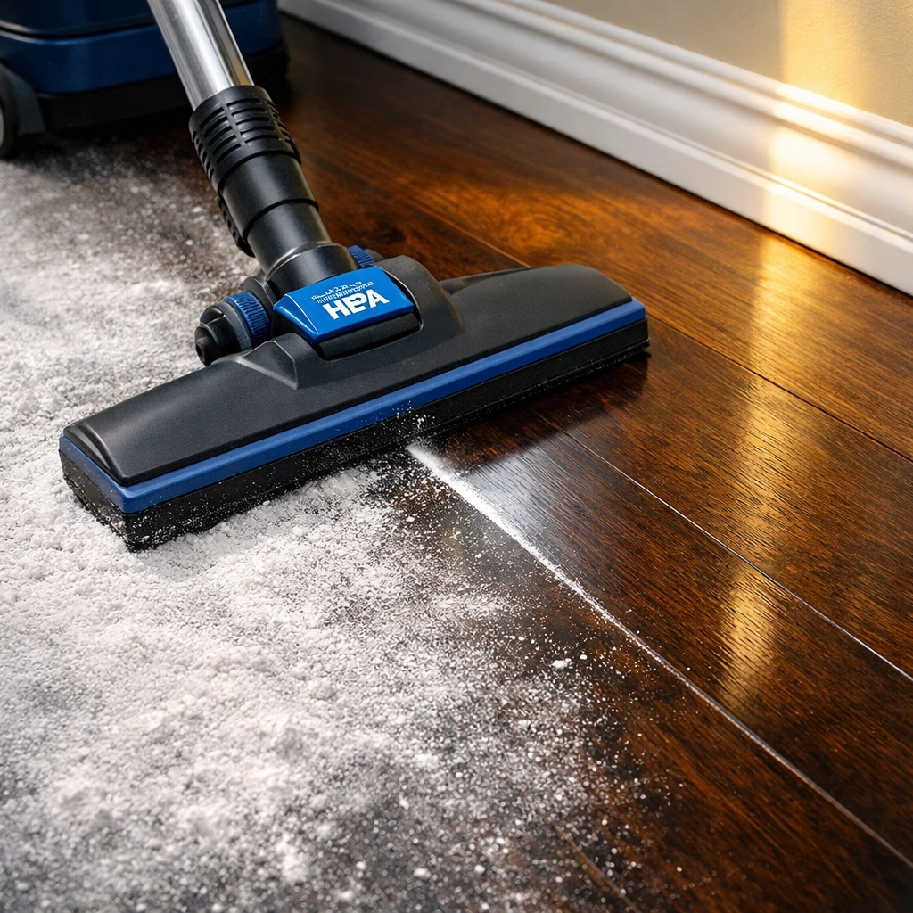 Professional HEPA vacuum removing drywall dust from hardwood floors during post construction cleaning in Maynard.