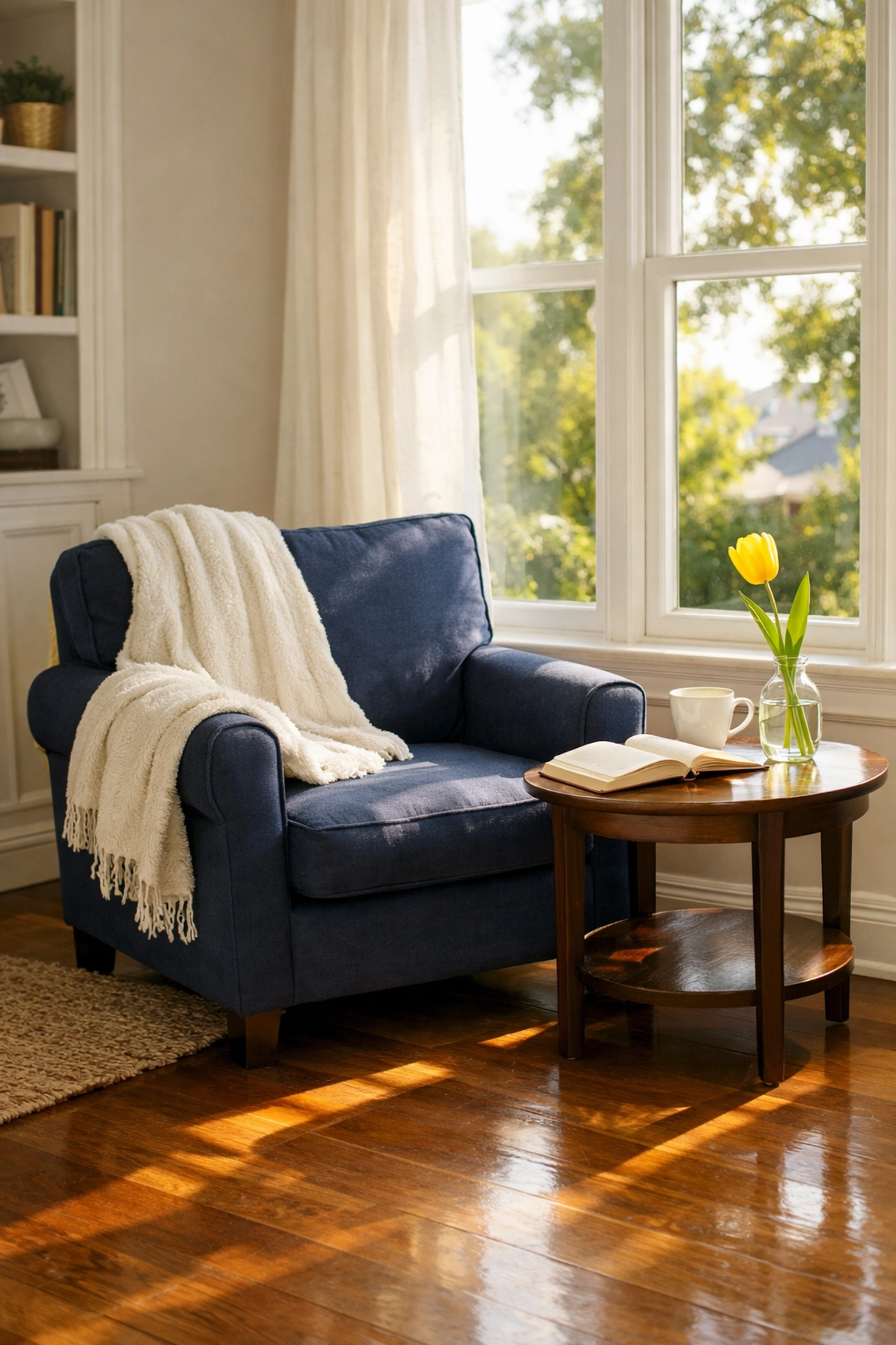Clean reading nook with polished floors highlighting the benefits of residential cleaning in Leominster MA.
