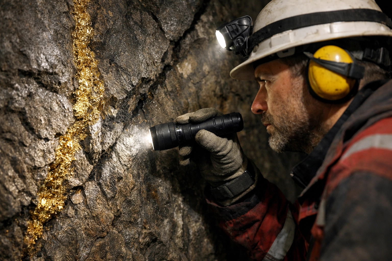 Geologist inspecting a gold vein at a fault line, illustrating a tactical shift in 401k and retirement strategies.