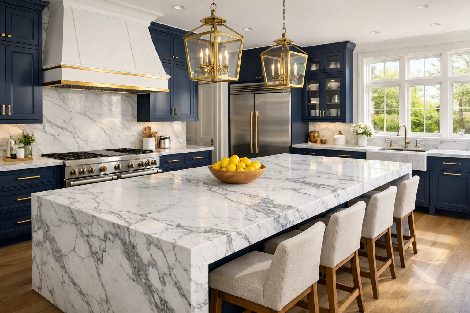 Immaculate Dover luxury cleaning of a high-end estate kitchen with marble and custom cabinets.